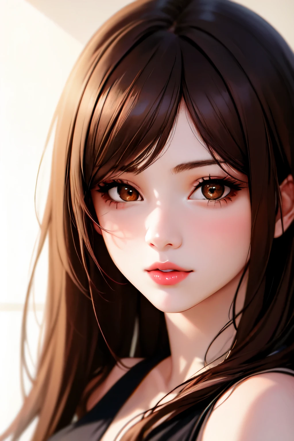Masterpiece, best quality, high resolution, amazing details, 18 years old girl, (mid-length brown hair), half-up, upturned goldish yellow eyes, portrait, close-up, looking infront, looking at the camera, (tan skin), plain background, (forehead), smile