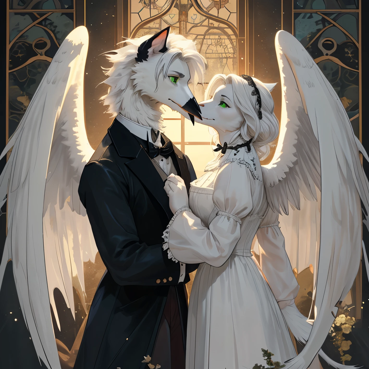White stork with an elegant Victorian gothic costume accompanied by his girlfriend, a edgy white kitten with green eyes, white hair and long nurcie wings with sophisticated Victorian gothic clothing.