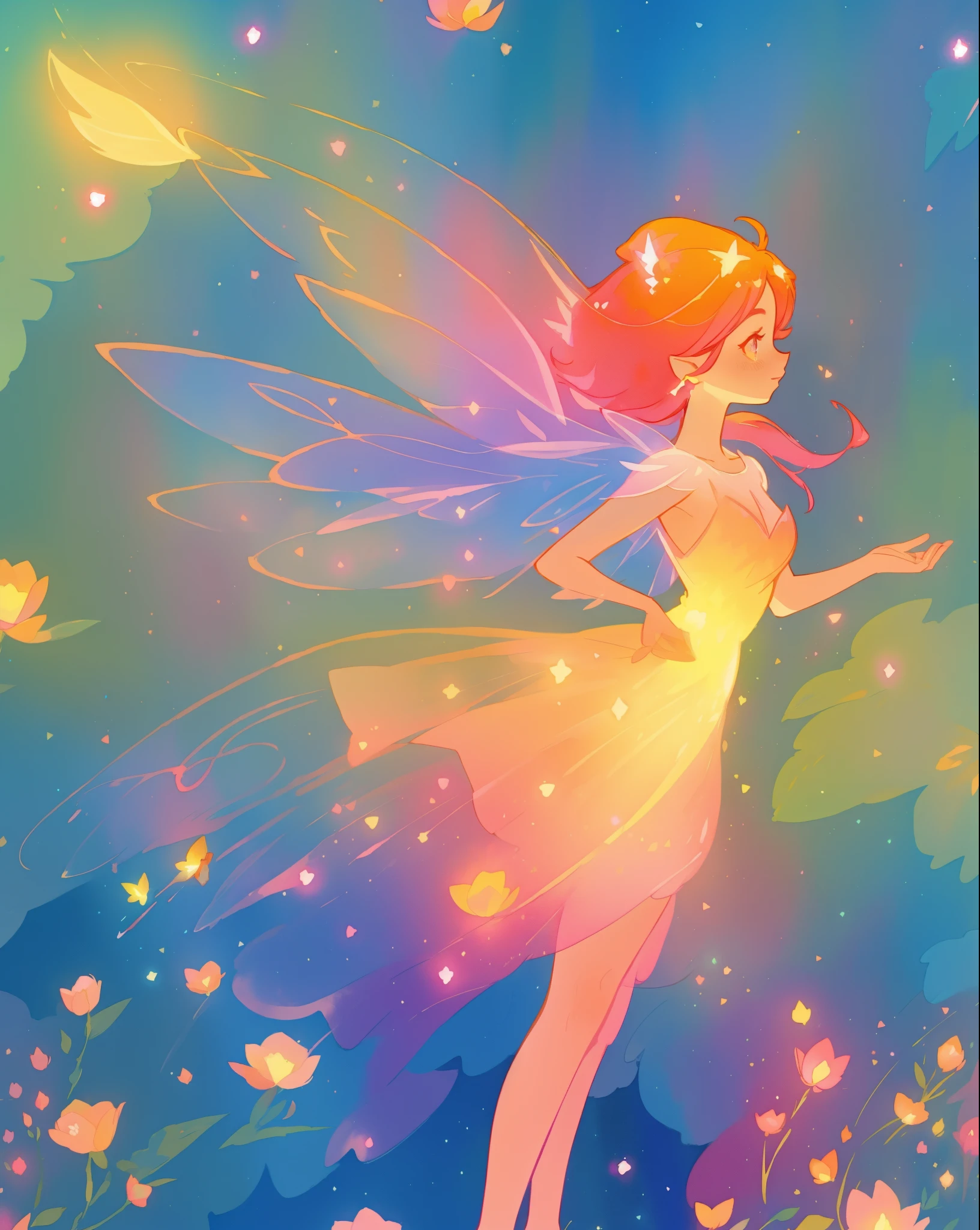 beautiful fairy girl in a sparkling layered dress, long flowing pink peach red hair, (large sparkling colorful fairy wings on her back), colorful fantasia background, flowers meadow, watercolor illustration, disney art style, glowing aura around her, glowing lights, beautiful digital illustration, fantasia otherworldly landscape plants flowers, beautiful, masterpiece, best quality, anime disney style