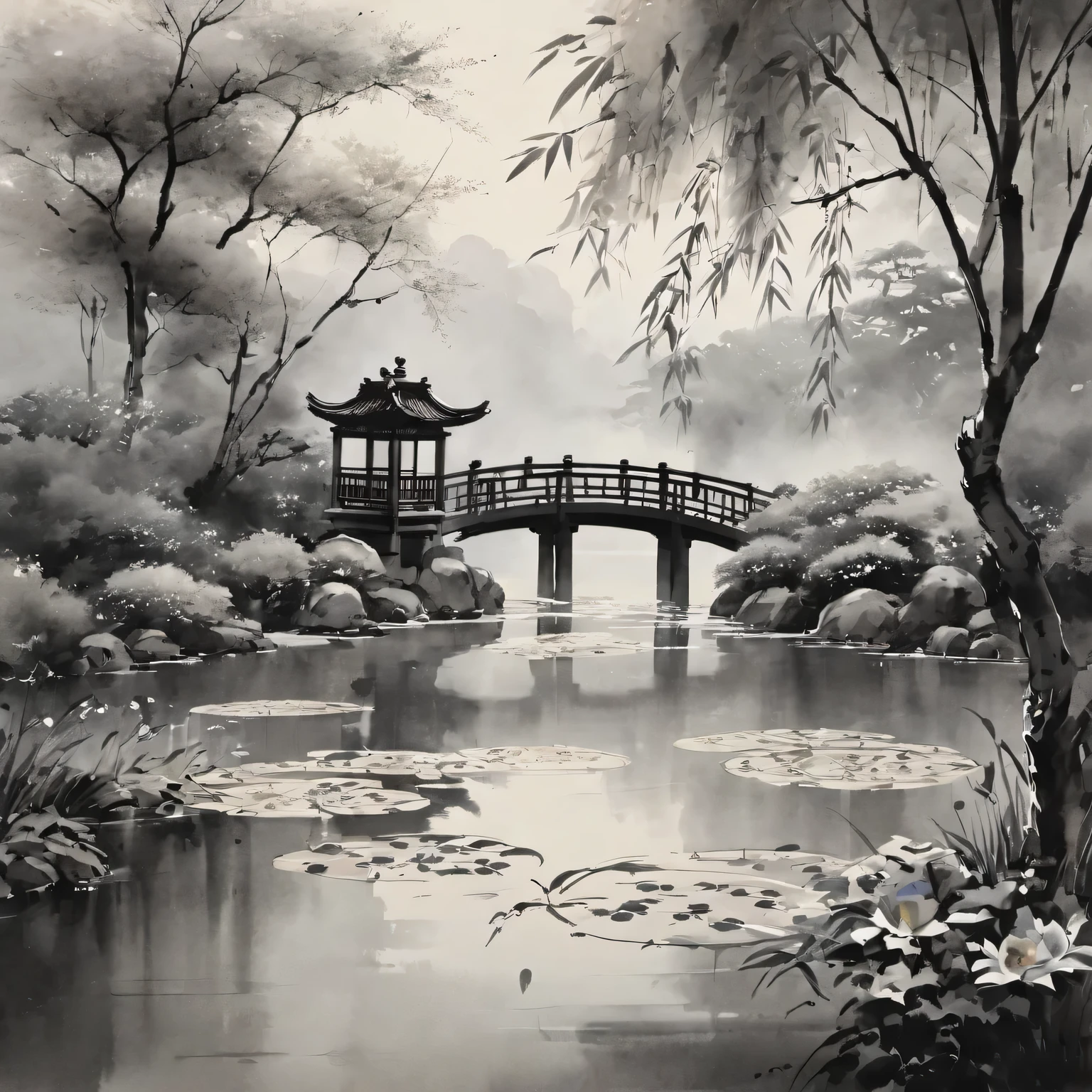 black and white,Impressionist painting,ink art,ink splash,Traditional Chinese garden,peaceful atmosphere,Beautiful lotus pond,gentle falling petals,Delicate bamboo forest,subtle brushwork,ethereal mist,floating calligraphy,Whispering willow,Quiet koi fish,Chinese traditional architecture,stone road,night sky under moonlight,Tranquil meditation,peaceful zen garden,amazing contrast,Soft watercolor washes,Quiet and elegant,harmonious balance,Vibrant ink splashes,Sublime nature, The tranquility of every stroke, eternal beauty.