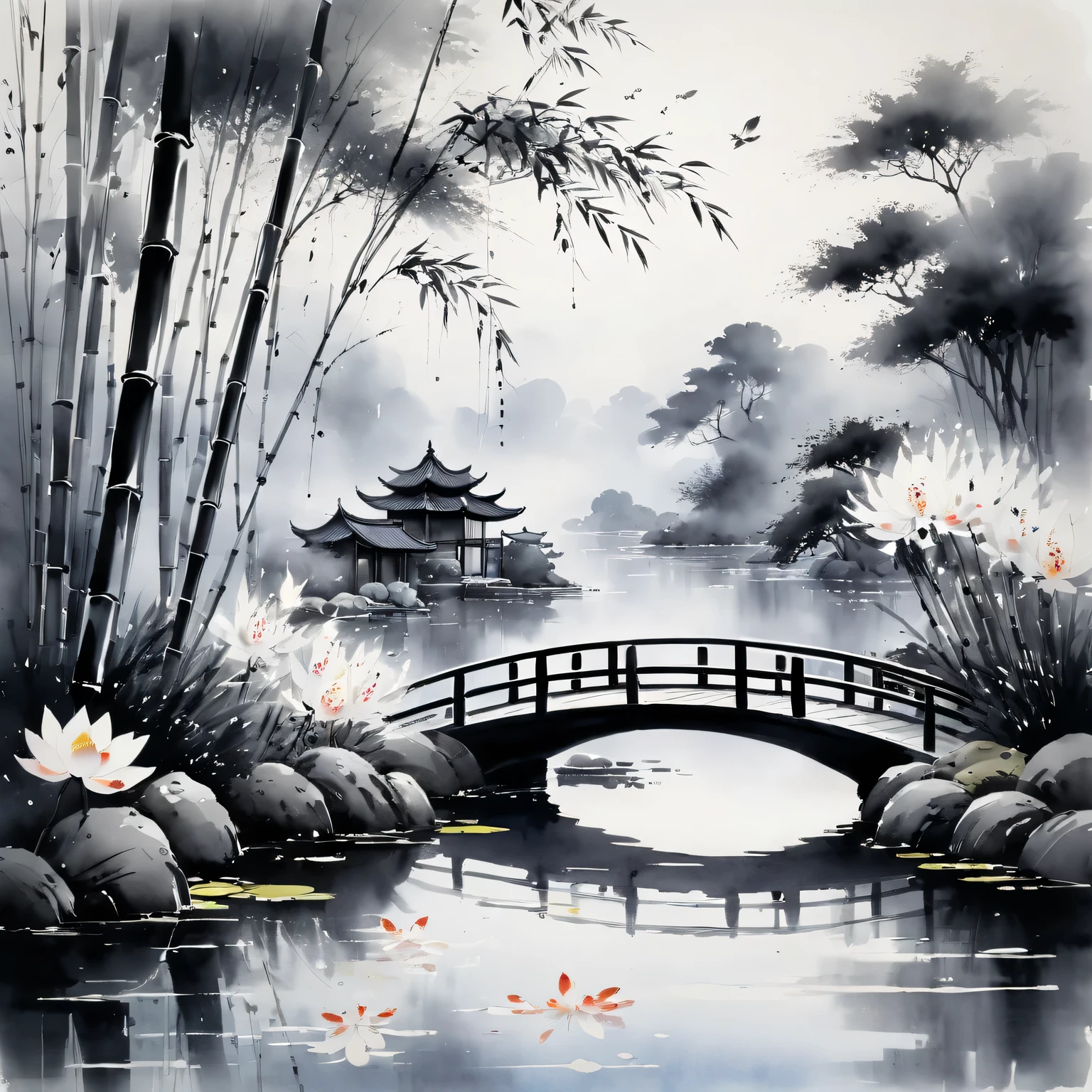 black and white,Impressionist painting,ink art,ink splash,Traditional Chinese garden,peaceful atmosphere,Beautiful lotus pond,gentle falling petals,Delicate bamboo forest,subtle brushwork,ethereal mist,floating calligraphy,Whispering willow,Quiet koi fish,Chinese traditional architecture,stone road,night sky under moonlight,Tranquil meditation,peaceful zen garden,amazing contrast,Soft watercolor washes,Quiet and elegant,harmonious balance,Vibrant ink splashes,Sublime nature, The tranquility of every stroke, eternal beauty.