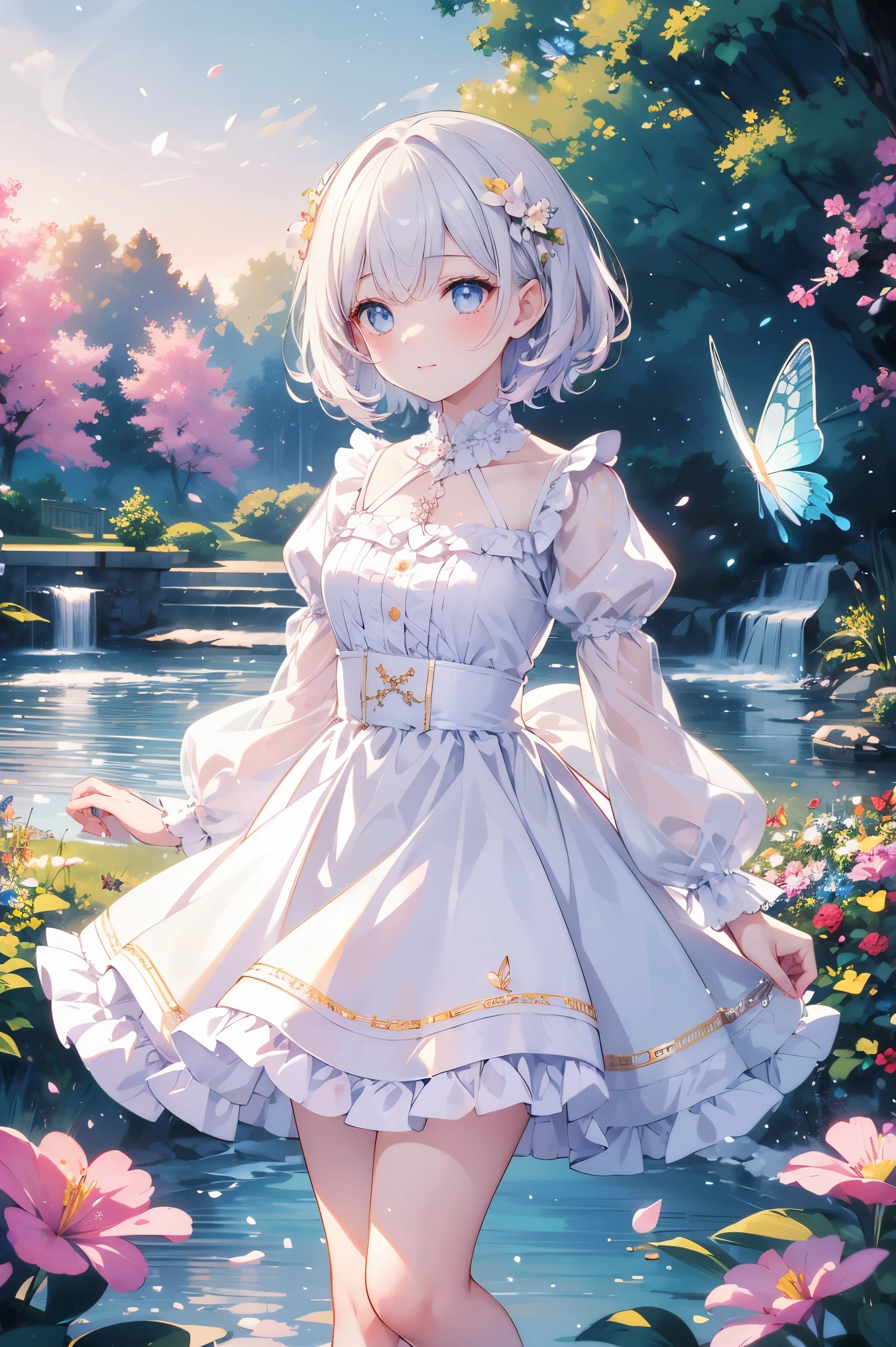 masterpiece, best quality:1.2), illustration, absurdres, highres, extremely detailed, 1 girl, white short hair, eye highlights, dress, short puffy sleeves, frills, outdoors, flower, fluttering petals, full body, depth of field,chromatic aberration abuse,pastel color, Depth of field,garden of the sun,shiny,flowers, garden, 1girl, butterfly style, butterflies, ultra detailed, glary,Light, light particles,glitter,reflect,Put one hand on your chest,C4D,3D,bright,outdoors,gifts,candys,More details,flower ocean,winter,snowflakes,splashing water,falling petals,beautiful and delicate water,((beautiful eyes)),very delicate light,perfect and delicate limbs,nature,painting,water spray,fine luminescence,very fine 8K CG wallpaper,Lavender eyes,pink pupils,whole body,bright eyes,(an extremely delicate and beautiful girl:1.4),big eyes,eye highlights,watery eyes,looking_at_viewer,outdoors,look at the screen,Touching,