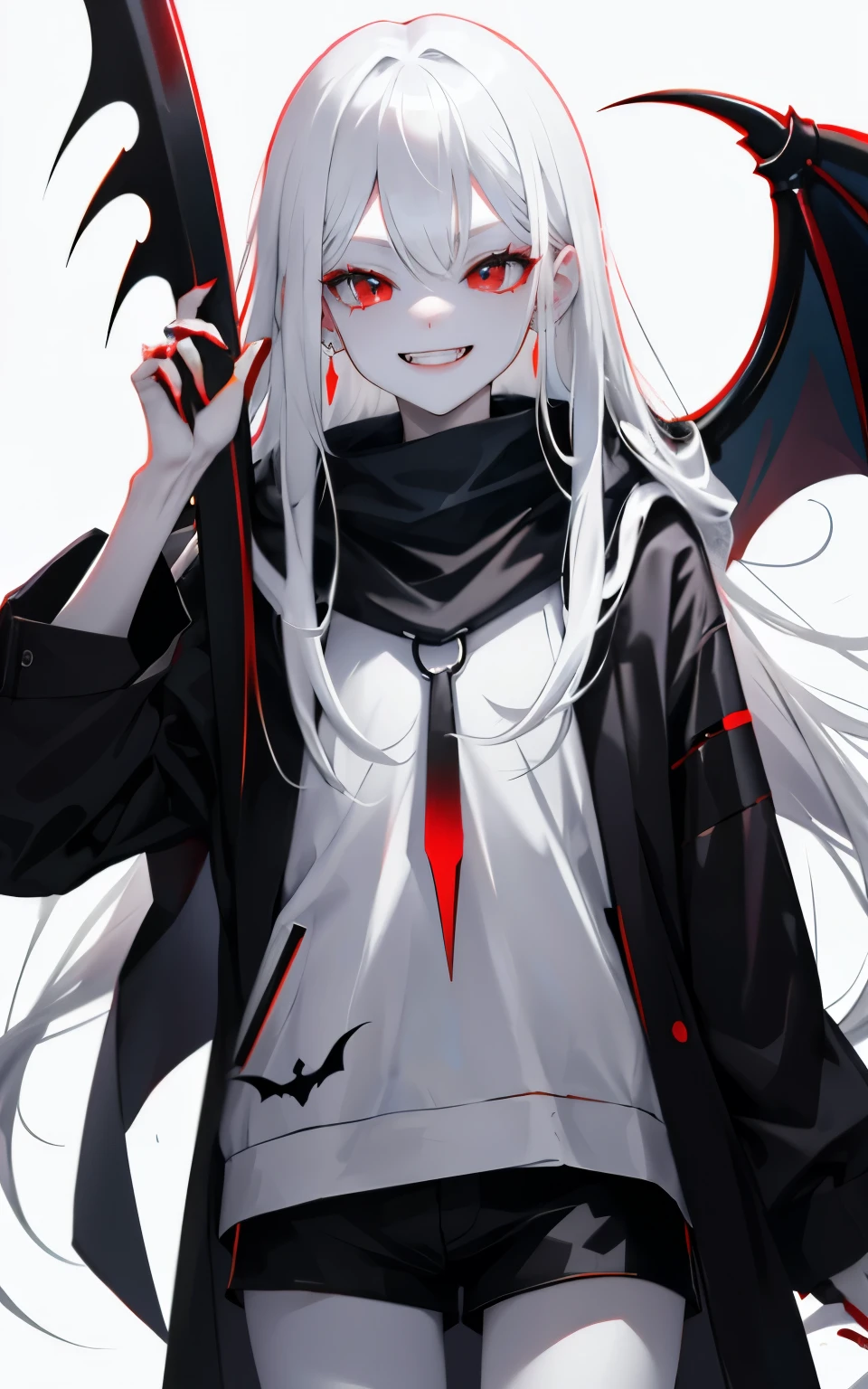 white skin，dark风，Wearing leg rings，long gray hair，black eyeshadow，red eyes，abstinence，dark，sickle，grim Reaper，Succubus，smile，stick out tongue，