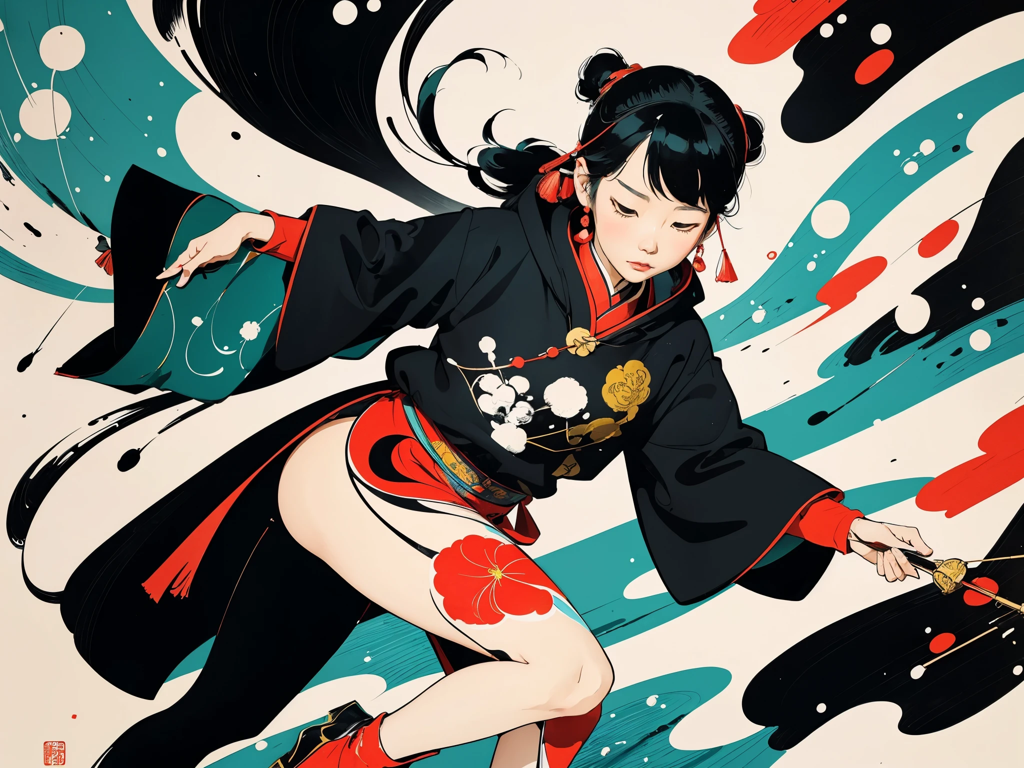 ((Wu Guanzhong's style)) is an artistic expression that combines traditional Chinese ink techniques and Western painting concepts. It is characterized by a modern interpretation of traditional themes, creating unique visual effects through color and line. A girl, winter, lakeside