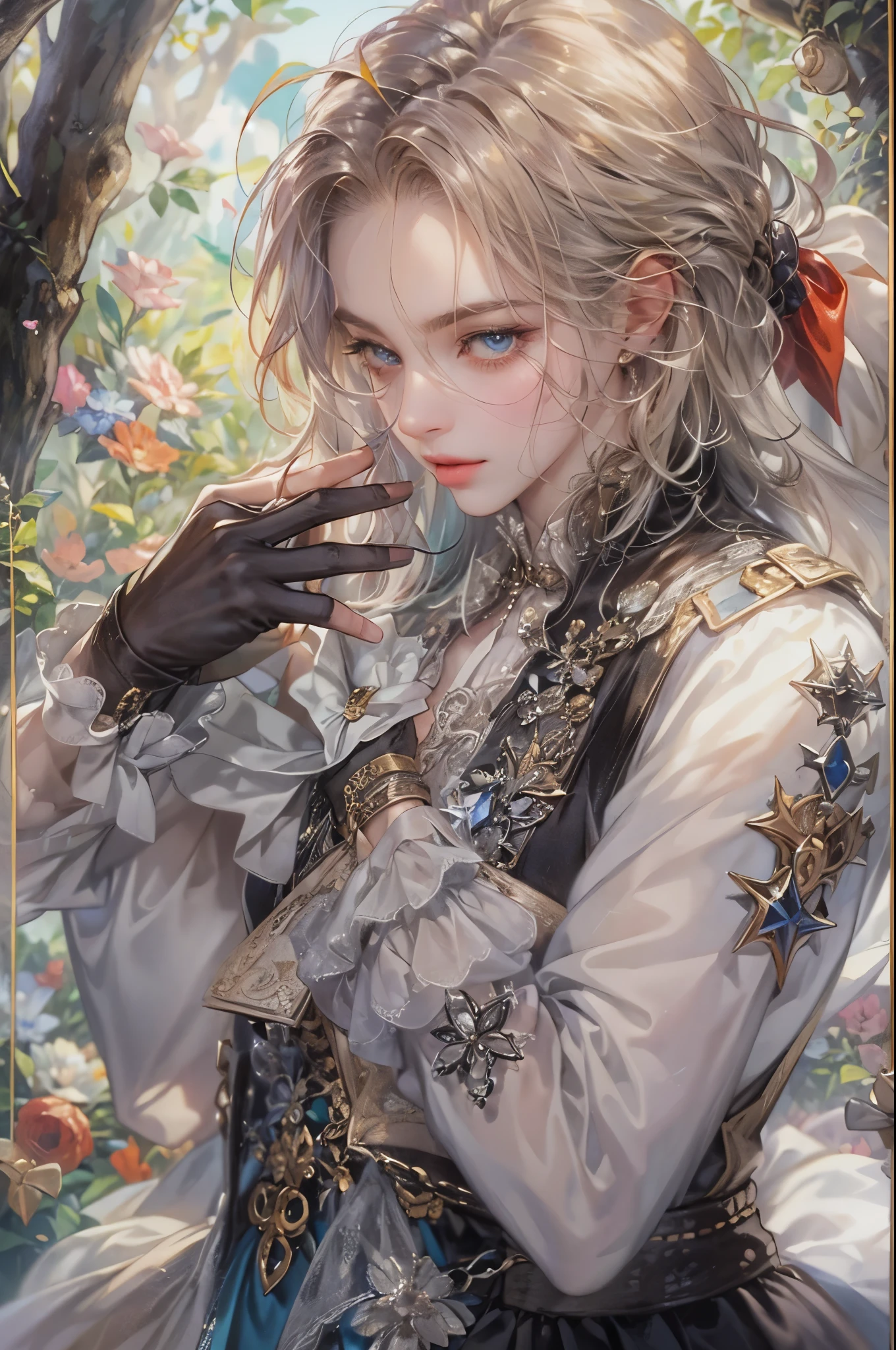 ((Best quality)), ((masterpiece)), (detailed), ((perfect face)), ((halfbody)) male character from Alice Looking Glass, male version, spooky wonderland scenery 