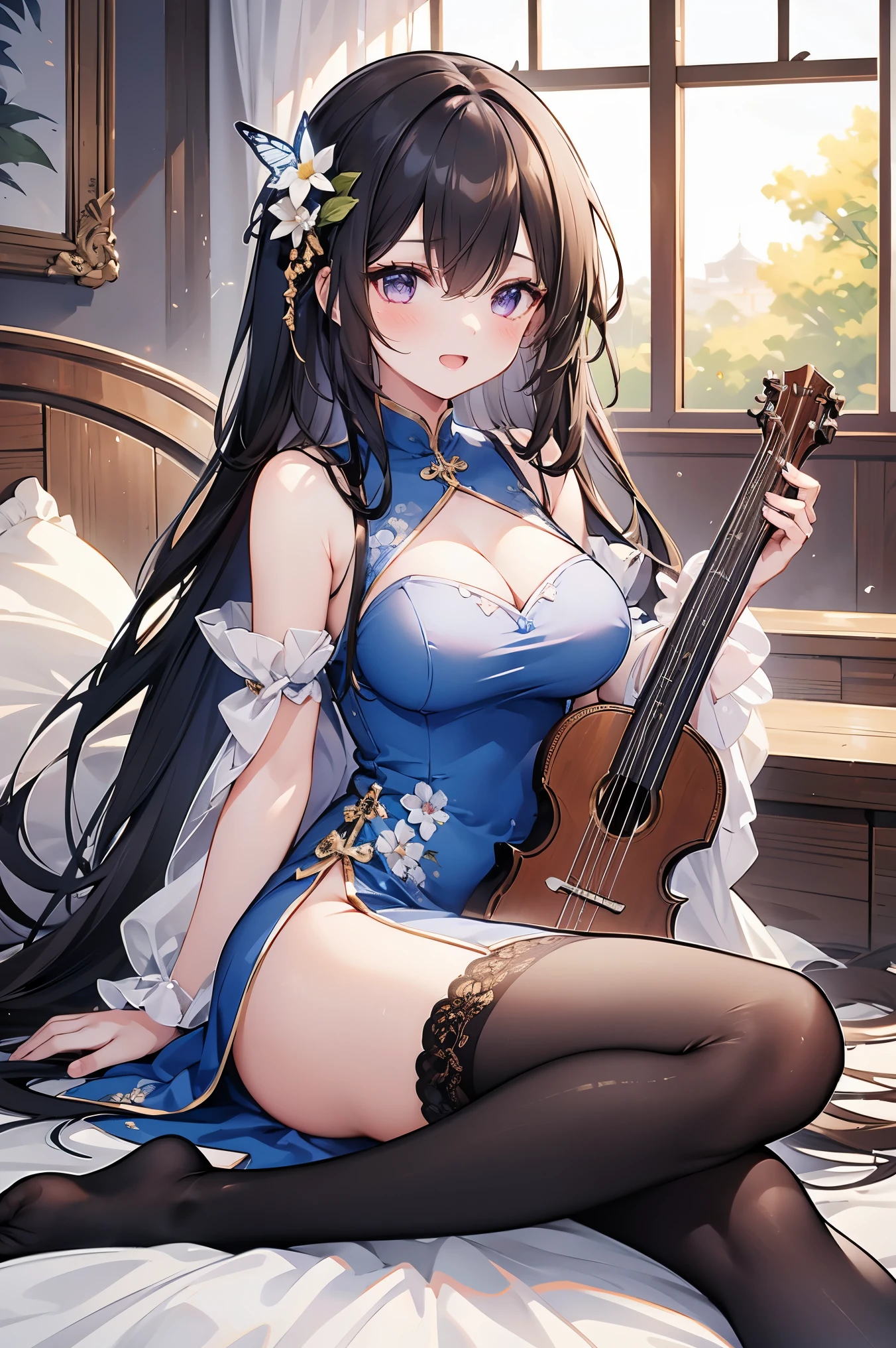 , 1girl, breasts, solo, hair ornament, instrument, long hair, thighhighs, hair rings, butterfly, dress, flower, round window, window, bug, sitting, hair flower, wide sleeves, white thighhighs, smile, cleavage, large breasts, purple eyes, open mouth, very long hair, looking at viewer, playing instrument, sky, detached sleeves, brown hair, bangs, day, bare shoulders, green dress, holding, chinese clothes, floral print, music, lute \(instrument\), toeless legwear, cloud, blush, :d, full body, blue sky, holding instrument, white flower, long sleeves, no shoes, gold trim, lattice, clothing cutout, indoors, cleavage cutout, see-through, pelvic curtain, thighs, light particles, sleeveless, blue dress, china dress, hair between eyes, sleeveless dress