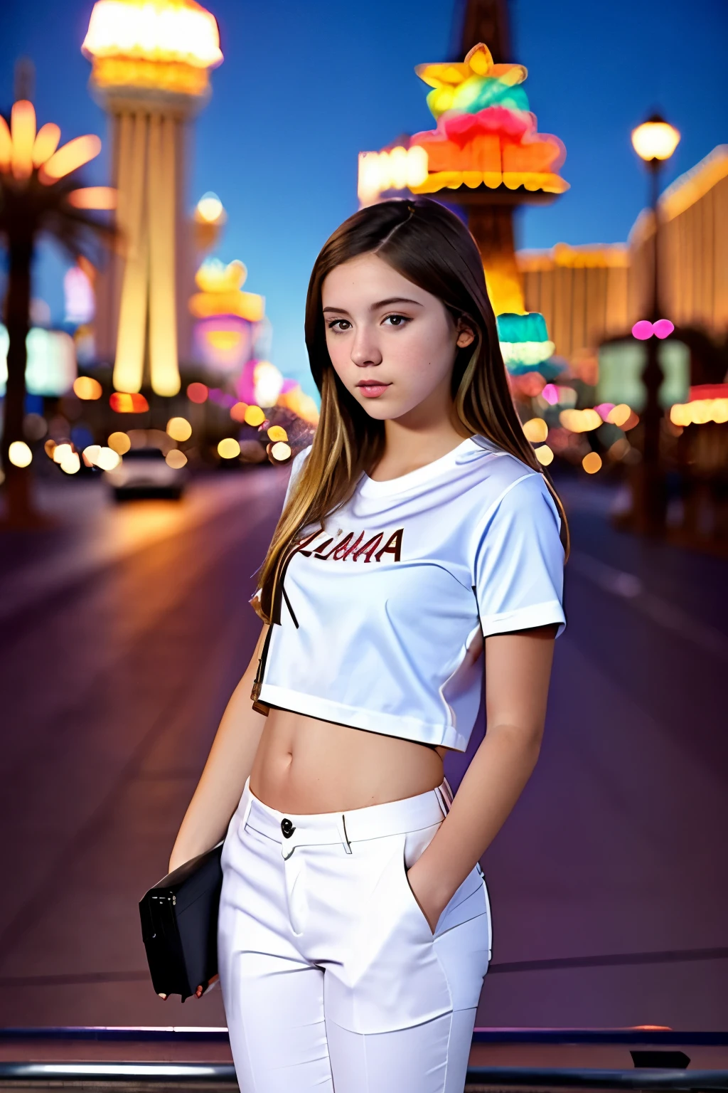 full_body, standing, sandals, (shirt), pants, (las vegas ?????), (emily18: 1.2), perfect face, (contact iris: 1.1), pale skin, skin pores , depth of field
