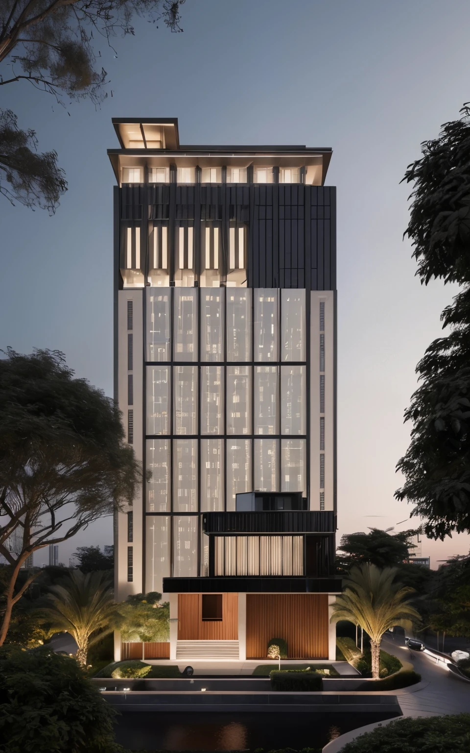 RAW photo, Masterpiece, high quality, best quality, realistic, super detailed, Create exterior image of high-rise building with glass curtain walls, black granite 1st floor, balcony Use decorative wooden louvers designed in the style of famous architects in Hong Kong and Macao. Skyscraper renderings must include vegetation on balconies and daytime scenes. Architectural design rendering of a square tower with facade lights for office, daily architecture, (high detail: 1.2), 8k uhd, dslr, soft light, high quality, grain film, Fujifilm XT3