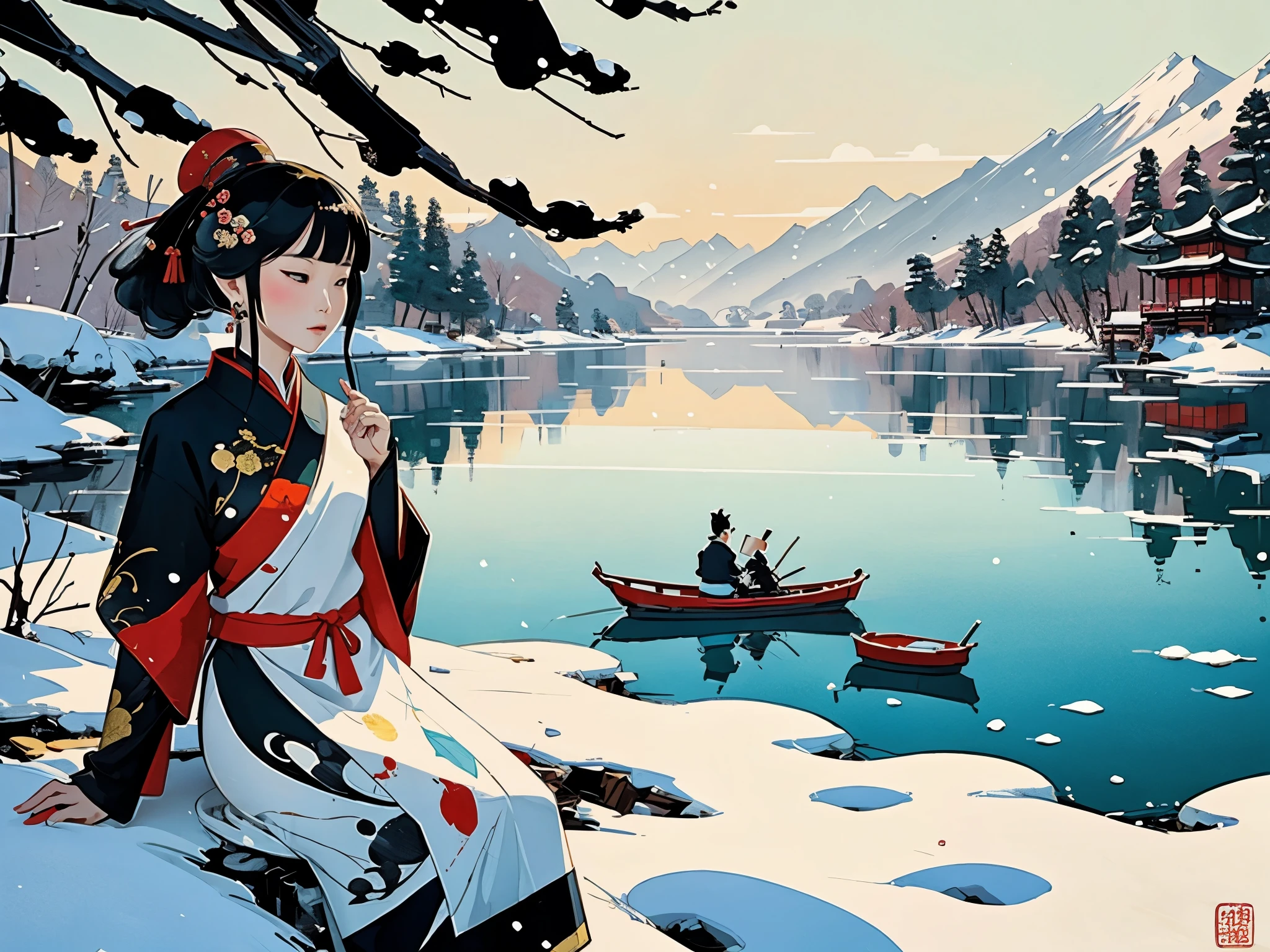 ((Wu Guanzhong's style)) is an artistic expression that combines traditional Chinese ink techniques and Western painting concepts. It is characterized by a modern interpretation of traditional themes, creating unique visual effects through color and line. A girl, winter, lakeside