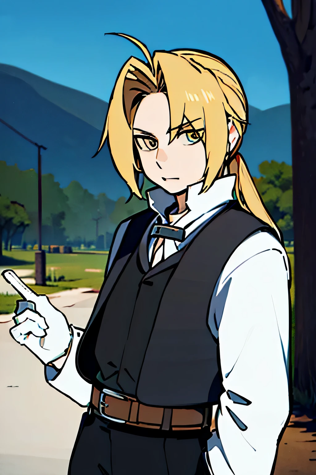 ((masterpiece,best quality, detailed)), outdoors, 1boy, edward elric, white gloves, black pants, belt, white shirt, ponytail, collared shirt, vest, long sleeves