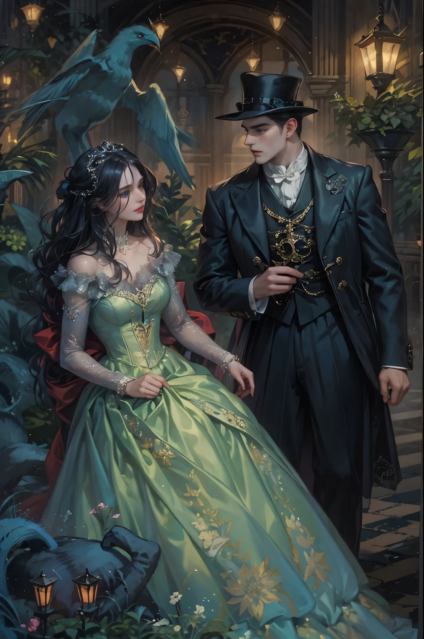 ((Best quality)), ((masterpiece)), (detailed), ((perfect face)), ((halfbody)) In the eerie twilight of a hauntingly beautiful carnival, a dashing young man with piercing blue eyes and raven hair, clad in a vintage black suit, confidently strolls along the cobblestone path. As he passes by the enigmatic carousel with its ghostly horses, he encounters a peculiar, yet alluring woman in a Victorian-inspired gown, who mysteriously appears from the shadows. Together, they embark on an intriguing journey through the dimly lit, yet captivatingly spooky attractions, unveiling hidden secrets and unraveling the enchanting mysteries that lie within the heart of this eerie wonderland.