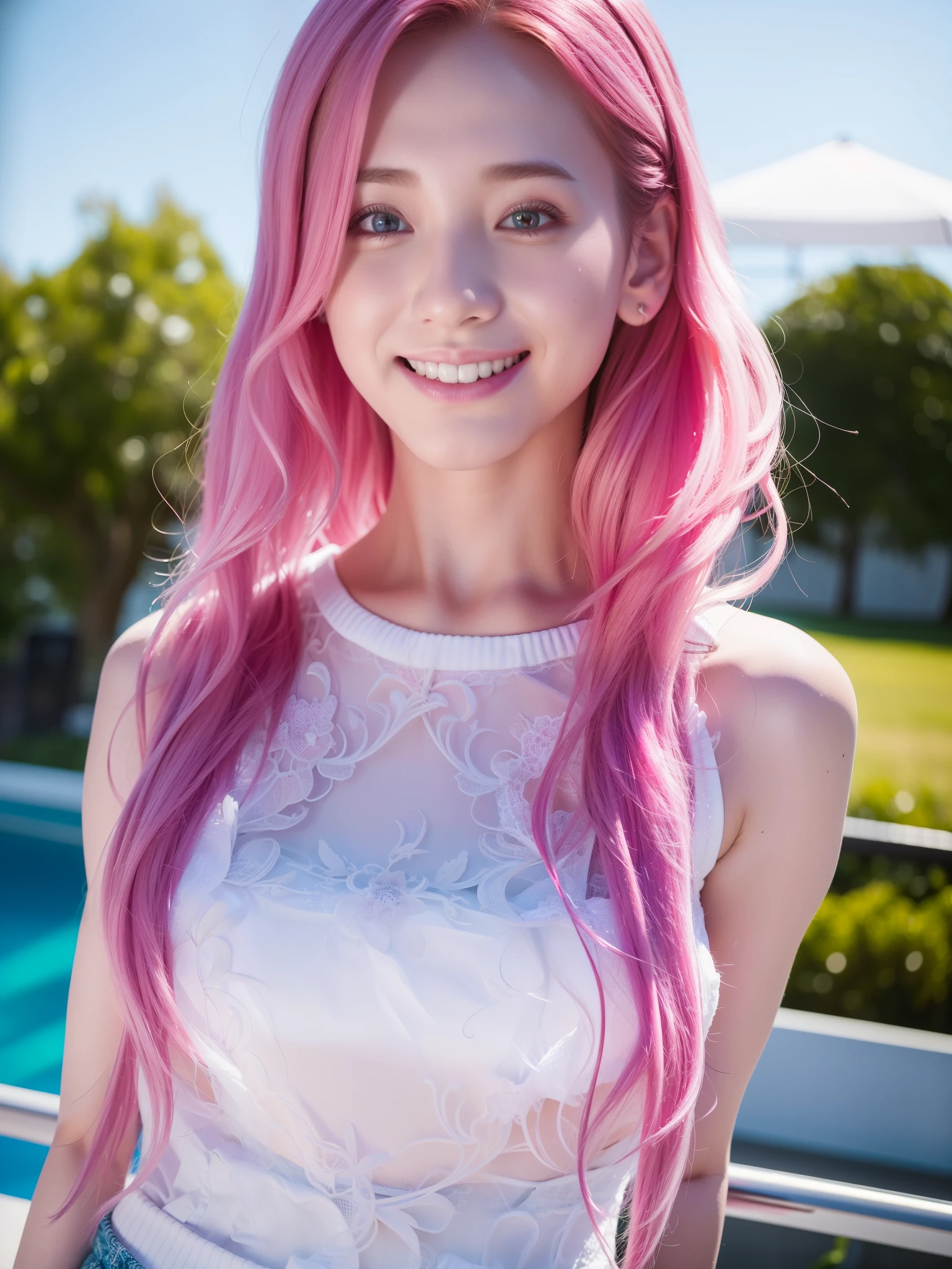 (8k, Best Quality, Masterpiece: 1.2), (Realistic, Realistic:1.37), Ultra Detailed, 1 Girl, Cute, Solo, Beautiful Detailed Sky, Dating, (Nose Red), (Smile: 1.15), (Shut Up) middium Breasts, Beautiful Delicate Eyes, (Long Pink Hair: 1.2), Flowing Hair NovaFrogStyle, Upper body, Vest, pink hair,gym workout, 24yeras old girl, background city area