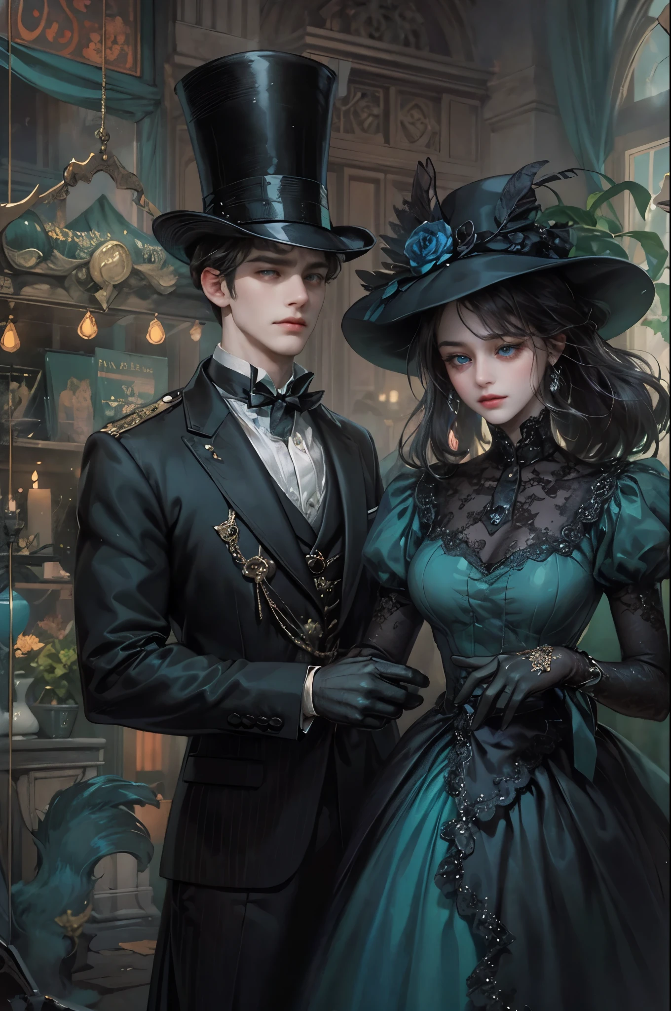 ((Best quality)), ((masterpiece)), (detailed), ((perfect face)), ((halfbody)) In the eerie twilight of a hauntingly beautiful carnival, a dashing young man with piercing blue eyes and raven hair, clad in a vintage black suit, confidently strolls along the cobblestone path. As he passes by the enigmatic carousel with its ghostly horses, he encounters a peculiar, yet alluring woman in a Victorian-inspired gown, who mysteriously appears from the shadows. Together, they embark on an intriguing journey through the dimly lit, yet captivatingly spooky attractions, unveiling hidden secrets and unraveling the enchanting mysteries that lie within the heart of this eerie wonderland.