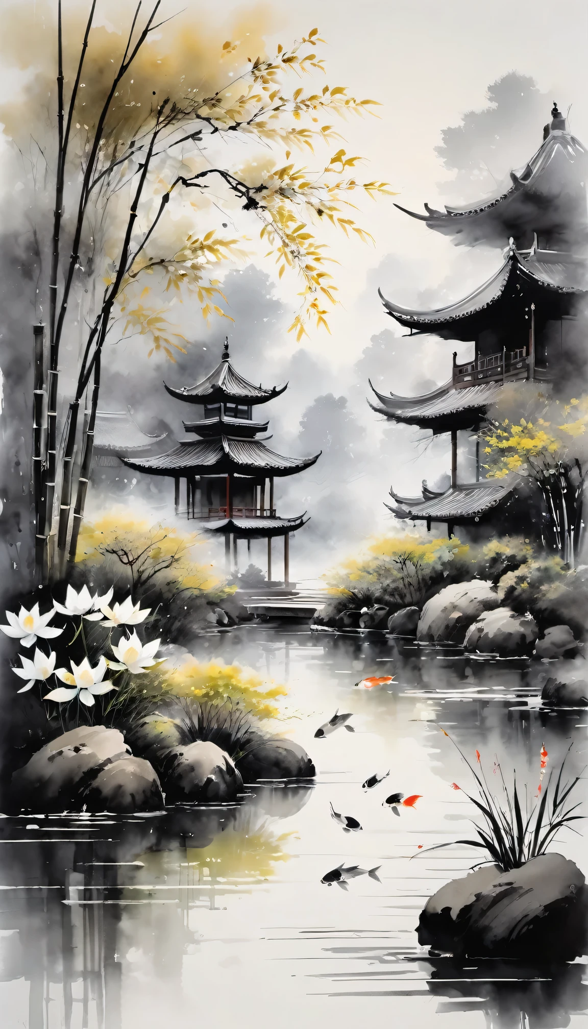 black and white,Impressionist painting,ink art,ink splash,Traditional Chinese garden,peaceful atmosphere,Beautiful lotus pond,gentle falling petals,Delicate bamboo forest,subtle brushwork,ethereal mist,floating calligraphy,Whispering willow,Quiet koi fish,Chinese traditional architecture,stone road,night sky under moonlight,Tranquil meditation,peaceful zen garden,amazing contrast,Soft watercolor washes,Quiet and elegant,harmonious balance,Vibrant ink splashes,Sublime nature, The tranquility of every stroke, eternal beauty.