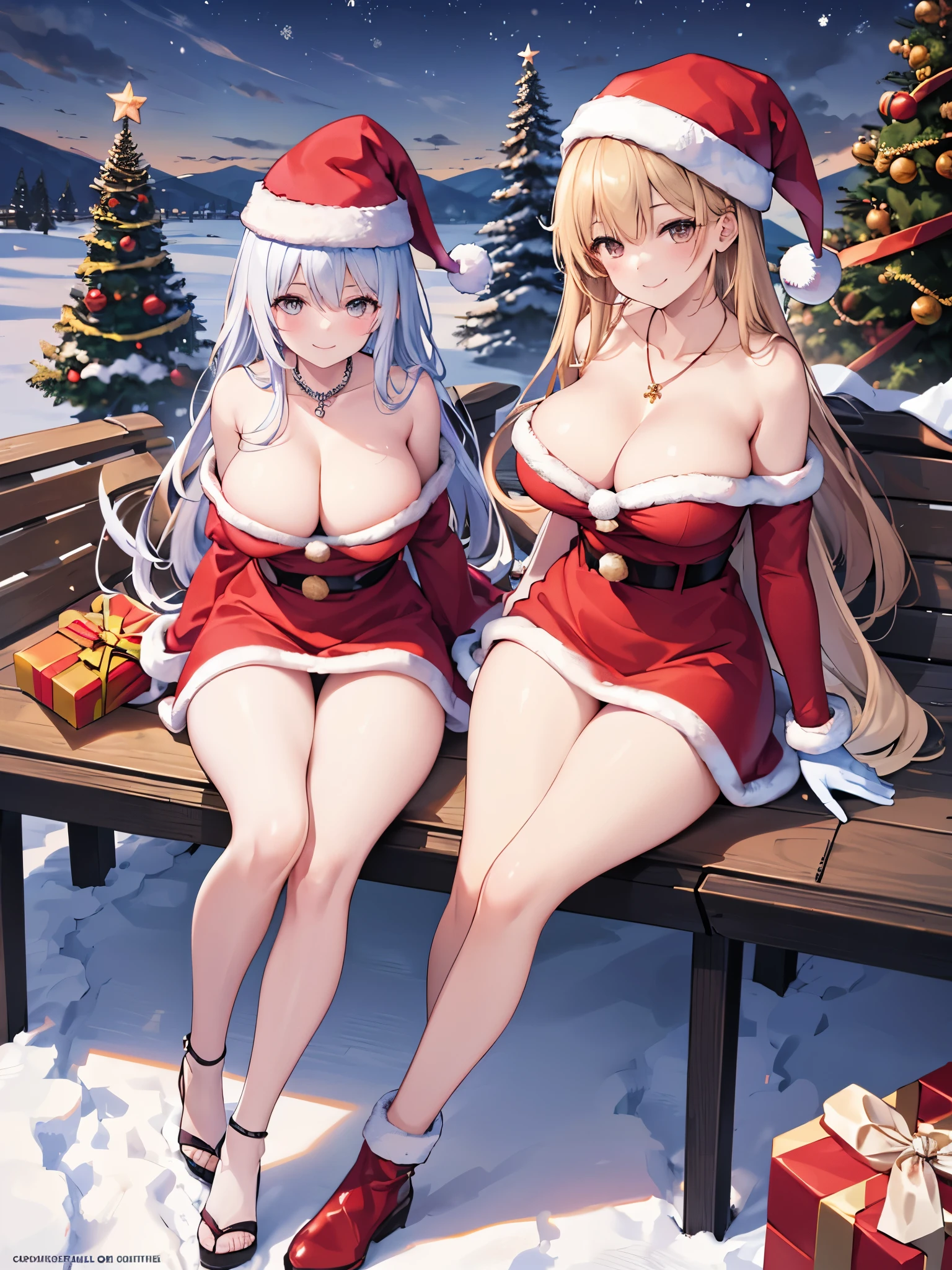 ((((perfect anatomy, Super fine skin)))), 1 girl, Japanese, , skin shiny, big breasts:0.5, watch the scenery,
beautiful hair, pretty face, Beautiful and fine eye hair:1.4),
Beautiful collarbone, beautiful body, beautiful breasts, Beautiful thighs, beautiful legs, baby face, mole under the eye,
((Metallic red Santa hat, Metallic Red Off-Shoulder Santa Mini Dress, White fur cuffs, Metallic red fur gloves), Christmas necklace), Seductive thighs, ,
(Smile:1.5), walk, sitting wooden garden bench,
(Beautiful scenery),winter, midnight, Christmas, Outdoor activities, garden, (Christmas tree), illumination, snow, snowfall:1.5,
(8k, top quality, masterpiece:1.2, Very detailed), (lifelike), Beautiful illustration, light,