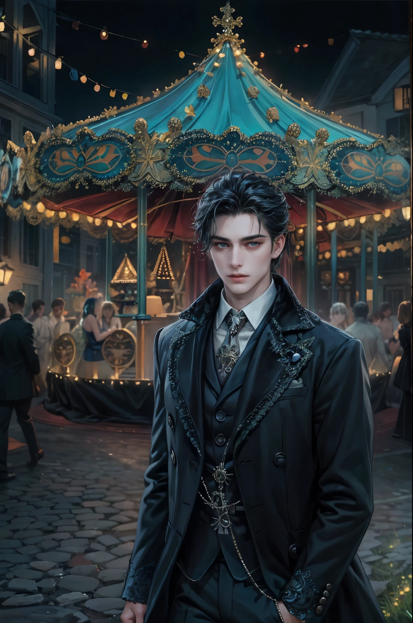 ((Best quality)), ((masterpiece)), (detailed), ((perfect face)), ((halfbody)) In the eerie twilight of a hauntingly beautiful carnival, a dashing young man with piercing blue eyes and raven hair, clad in a vintage black suit, confidently strolls along the cobblestone path. As he passes by the enigmatic carousel with its that lie within the heart of this eerie wonderland.