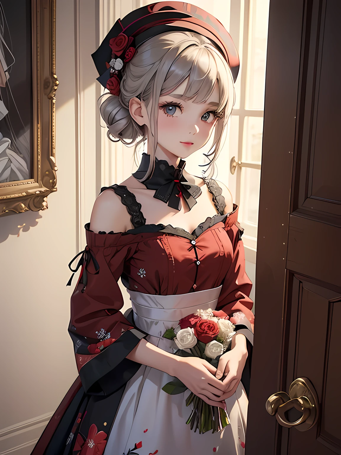 a girl,solo,masterpiece,best quality,highres,Extreme detaildelicate face,Extreme detaildelicate eyes,(face alignment),fair complexion,Exquisite hairstyle,light-colored lips,A charming smile.Strong sense of detail and layer,rich and gorgeous color,with a unique sense of texture, Rich color, color harmony, vivid painting ,design,16k,hyper detailed, abstractionism,wearing a light gray dress, printed with bouquets and red and dark gray ribbons, was paired with a red waistband and a hat decorated with small flowers for a festive winter vibe. And her hair up in an Delicate and beautiful fashion.