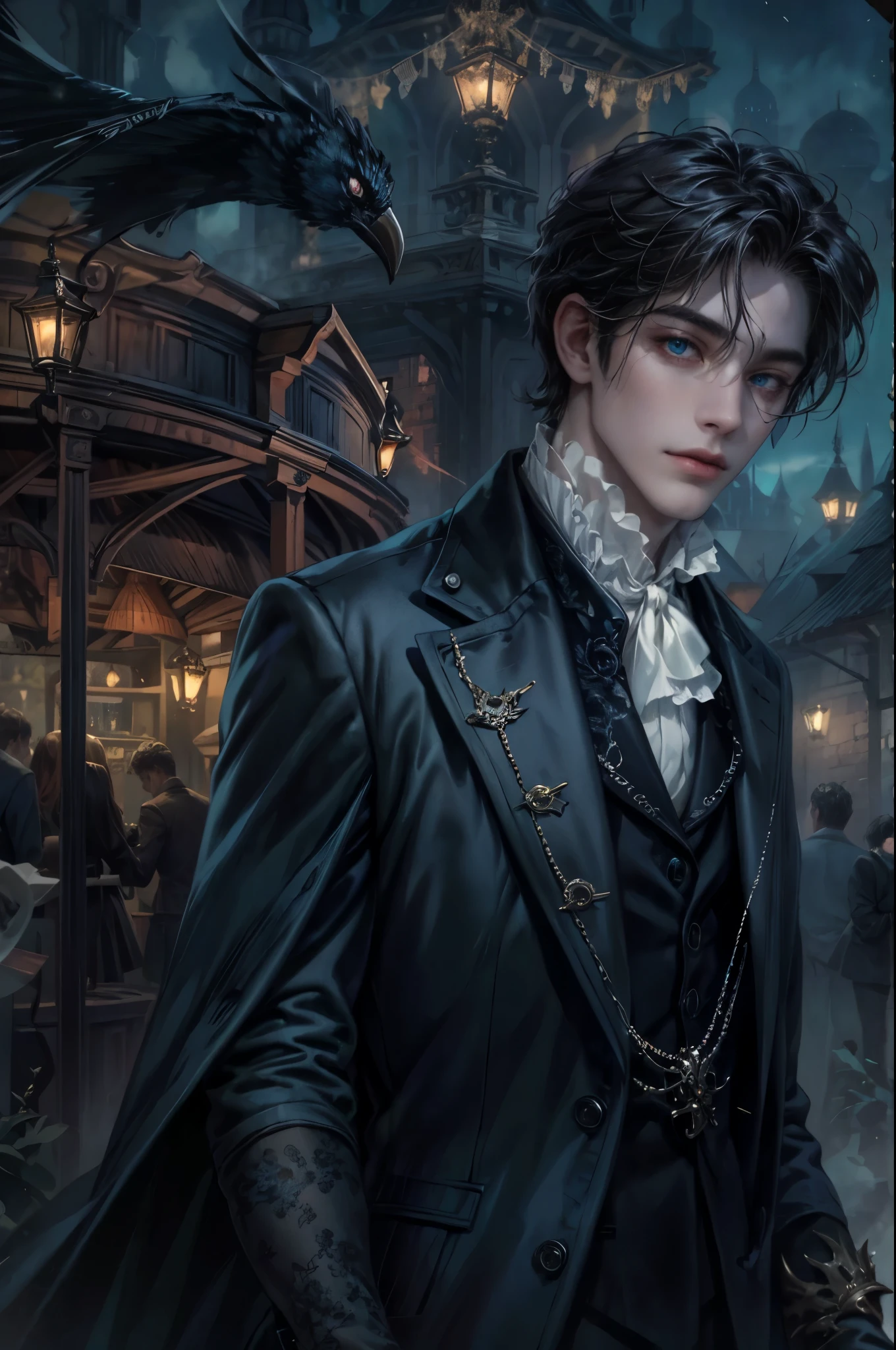 ((Best quality)), ((masterpiece)), (detailed), ((perfect face)), ((halfbody)) In the eerie twilight of a hauntingly beautiful carnival, a dashing young man with piercing blue eyes and raven hair, clad in a vintage black suit, confidently strolls along the cobblestone path. As he passes by the enigmatic carousel with its that lie within the heart of this eerie wonderland.