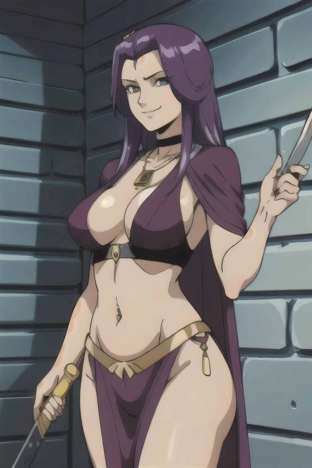 Kate,1girl,purple hair,forehead,long hair,
masterpiece, best quality, highly detailed ,glint,halterneck,gold_choker, complex detailed background,
inside, stone wall, ancient interior, ancient egyptian room, hieroglyphs, dark lighting, dark
atmosphere, (cowboy shot), holding a sword, sword, belly_chain,harem_outfit,navel, necklace,
pelvic_curtain,revealing_clothes, veil,masterpiece,best quality,1girl,mature,evil smile, smile,
female,mature,necklace,pendant, (nsfw) not safe for work, exposed belly, exposed navel, exposed
midriff, exposed lower belly, navel piercing