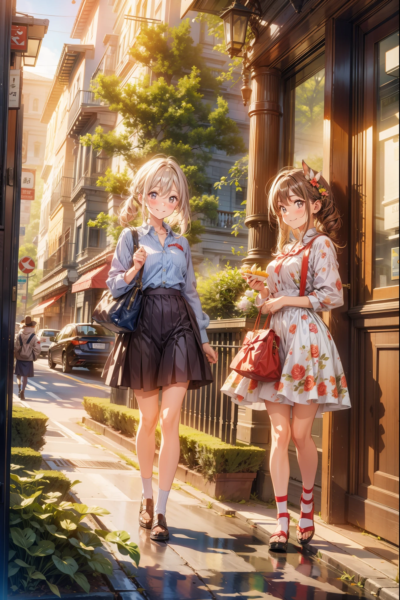 Large forest landscape。standing rabbit,The girl gives him a of sweets madeleine with a big smile on his face,