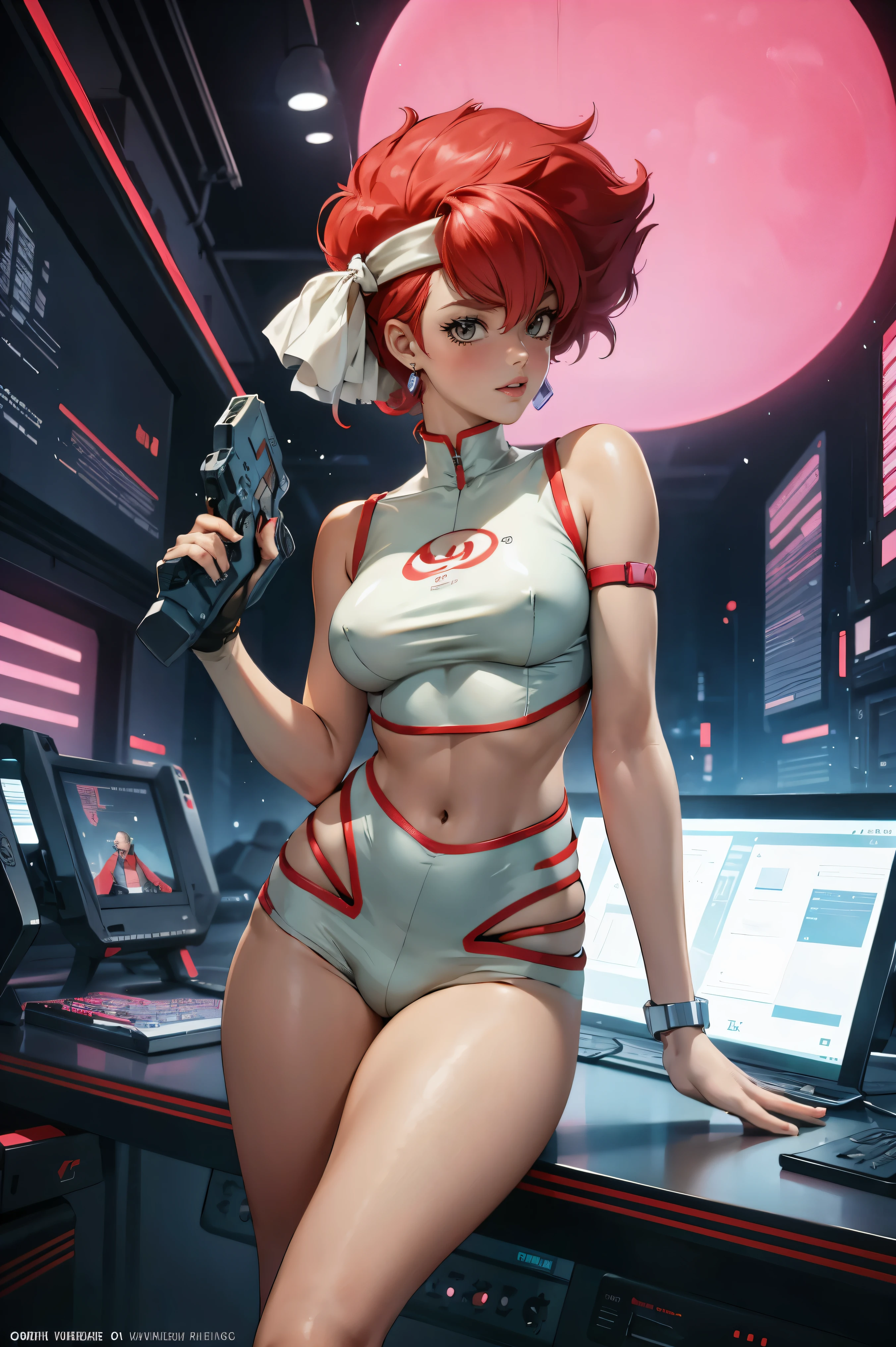 Kei from The Dirty Pair, , wearing a tight outfit, frame, legs, medium breast, red hair beauty, cyberpunk city background, holding retro space-gun, headband, slim waist, slim thighs, thigh gap