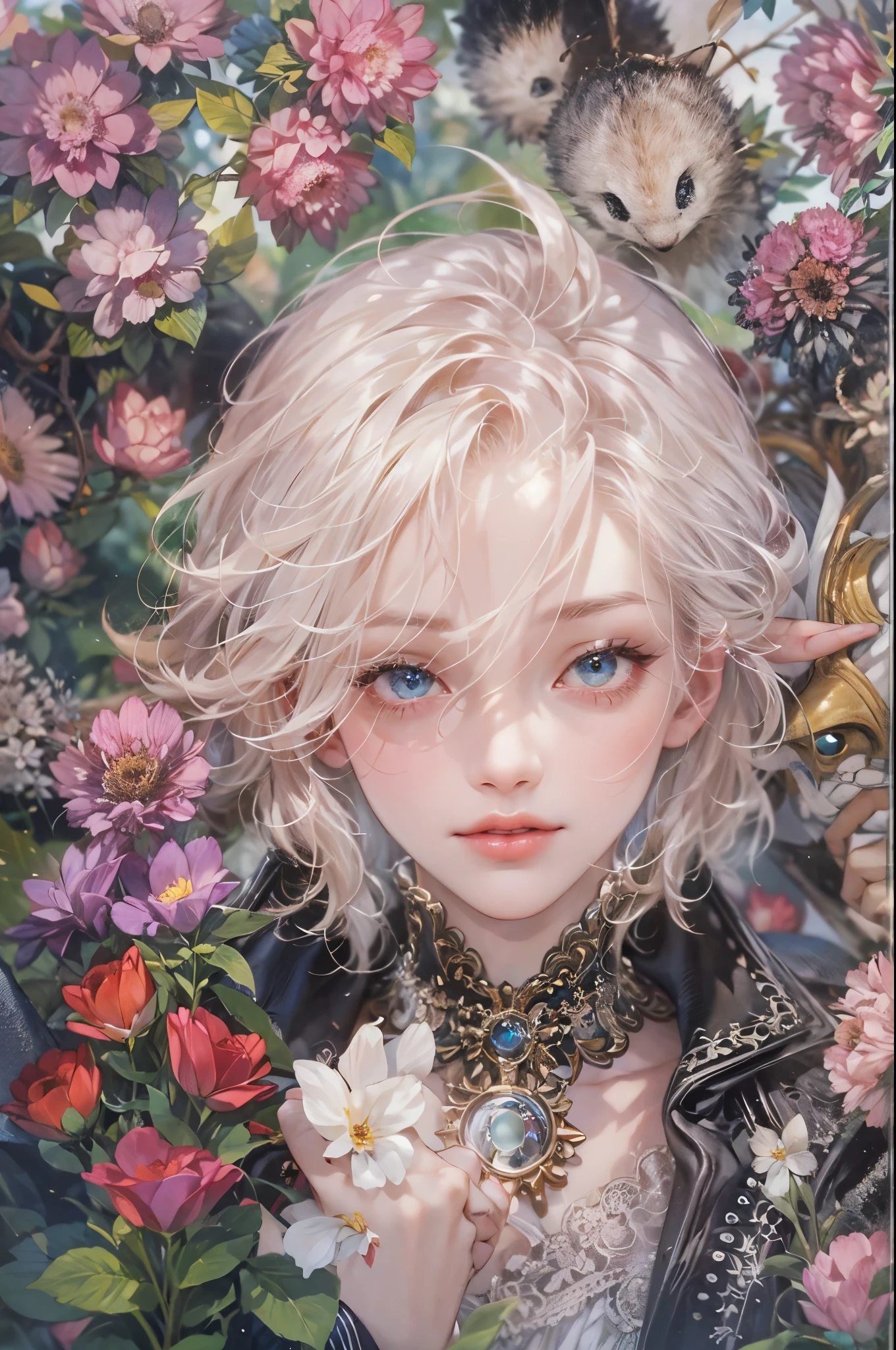(absurdres, highres, ultra detailed, HDR), masterpiece, Intricate details,best quality picture of a character from Tales of the rays, handsome teen boy with short Hair anime eyes, intricate details on face, in a detailed outside garden sanctuary scenery, detailed character, art kenouji