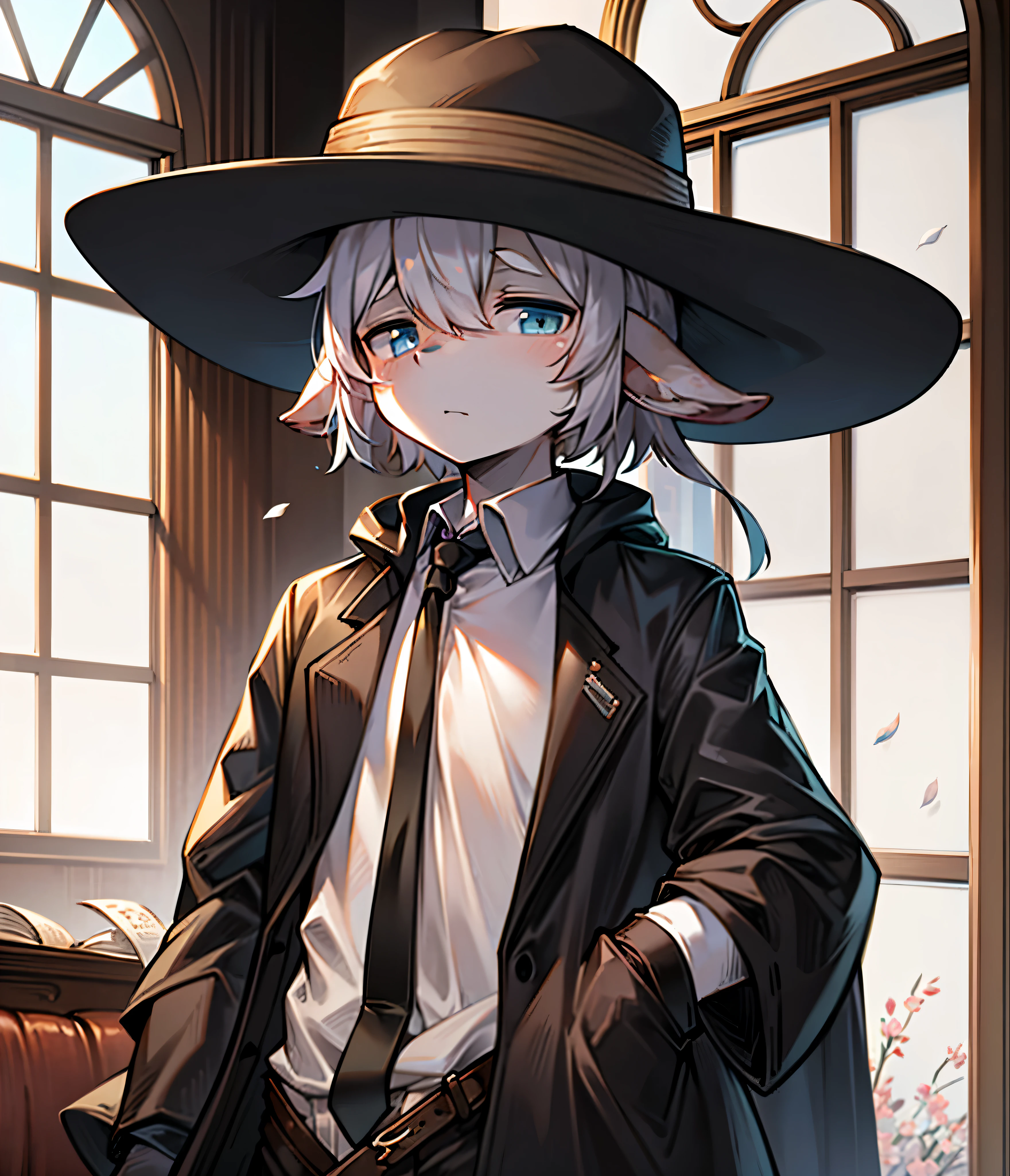 only one character,The figure sits on the sofa,hands in pockets,it is surrounded by white petals。
male sheep orc,Black trench coat,Brown sun hat,Black striped scanside is a white base sweater,woolen pants with lots of wrinkles,Have beautiful deep blue eyes,It makes people want to stare at it,and thin face。 One horn is broken,The other gives off a copper-like matte finish,looking old。 My originally pure white hair turned gray due to lack of care..。 look like a young man,But his face is full of vicissitudes of life。melancholy expression,His face looked like he had been ill for a long time,very pale。 The hair that has not been taken care of for a long time covers the eyes.,but still ok'Hide how noble he once was.。
The sun shines from the window onto the table,There is a book with a black cover and a white carnation on the table