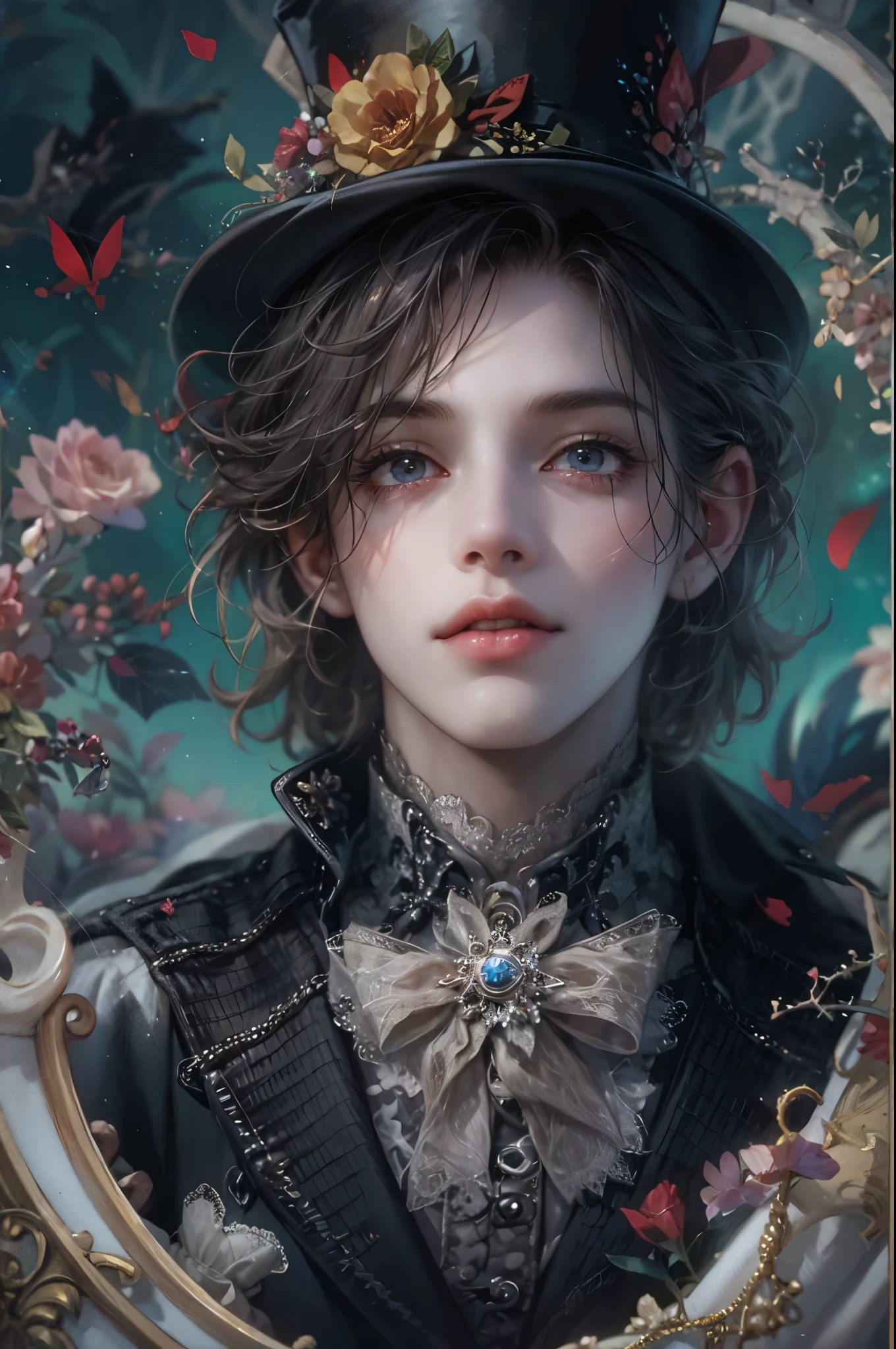 ((Best quality)), ((masterpiece)), (detailed), ((perfect face)), ((halfbody)) boy, baby face, male character from Alice Looking Glass, male version, spooky wonderland scenery
