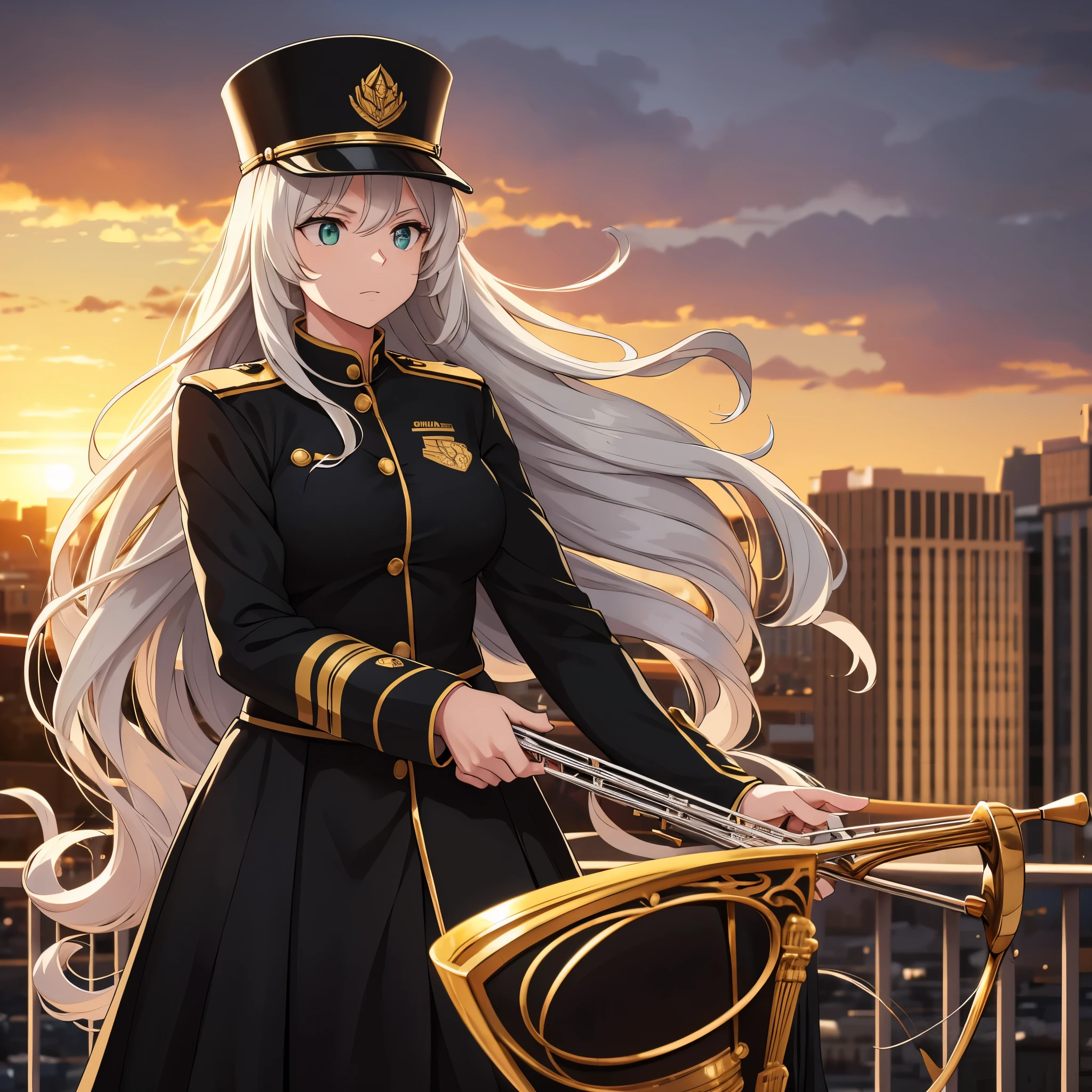 A woman wearing a long black Marching band uniform with gold details, long curly hair, silver hair, Marching band hat, light green eyes, holding a musical instrument, in a big city at sunset.
