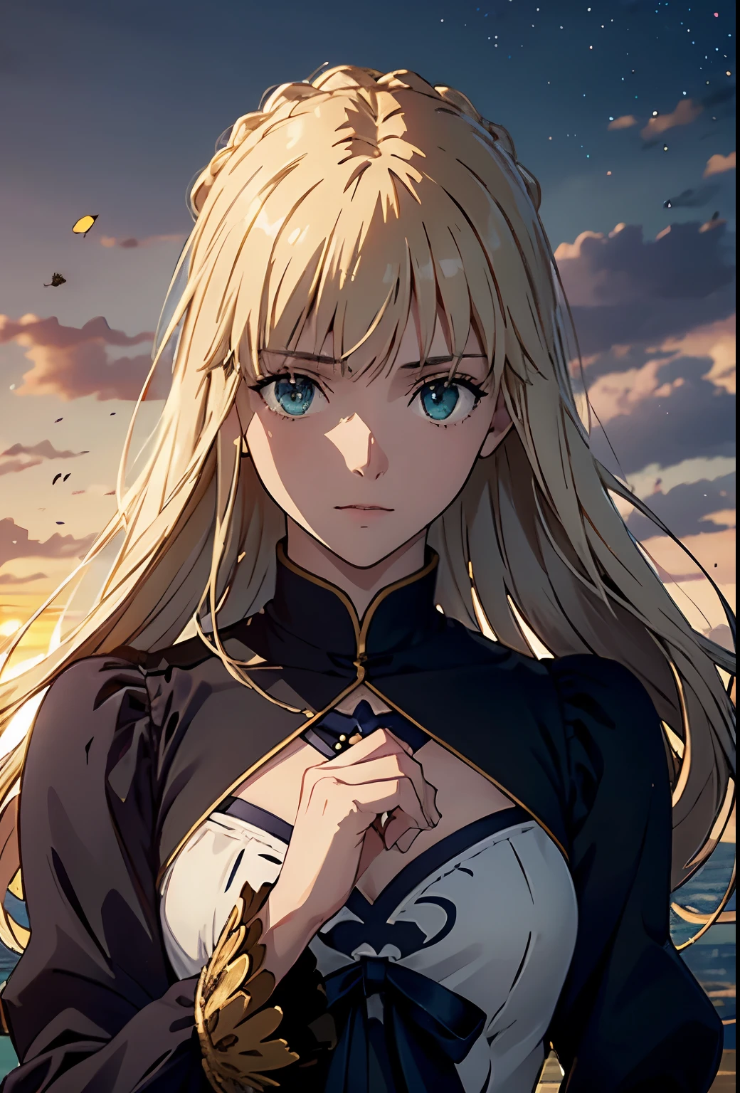 Craft a hyper-realistic portrait of a woman whose essence is reminiscent of the character from the illustration. Her hair is a light, golden blonde, gently caressed by the wind as it falls around her shoulders, with bangs framing her contemplative face. Her eyes are a striking shade of green, gazing softly towards the horizon, reflecting a sense of peace and introspection.
Her attire is a simple yet elegant dress that flows with her movements, capturing the soft glow of the sunset in its fabric. The dress is accented with a blue ribbon that adds a touch of grace and femininity to her silhouette. In her hand, she holds a few delicate rose petals, which she releases to the wind, symbolizing transient beauty.
The background is a dreamy twilight sky, awash with purples, pinks, and oranges that blend seamlessly into the coming night. A few birds can be seen in the distance, adding to the tranquil and serene atmosphere, as the day slowly fades into evening.