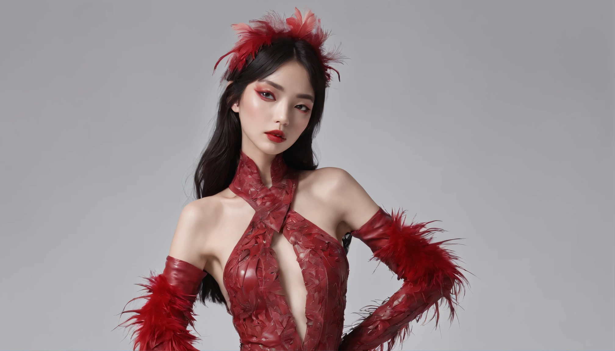 (highest quality,4K,High resolution),Cover the whole thing with a feather frame、Red highlights on black hair、long straight hair、closed my eyes、sleeping woman、small、long eyelashes、Red eyeliner、sexy red lips、full body shot、Delicately expresses realistic smooth skin texture down to the smallest detail、Realistic body representation、Red leather bodysuit with intricate embellishments、cross belt、Left and right contrast、fashion model pose、Photographic depiction like a model、photo realistic、The whole area is filled with countless feathers、