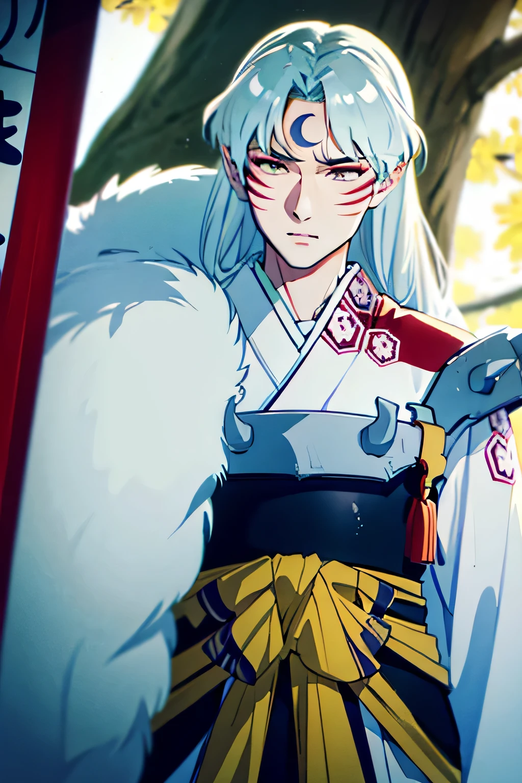 (a mature man), sesshomaru, ((upper body, head turned to the side)), japanese forest with a shrine in the background,daytime, standing,