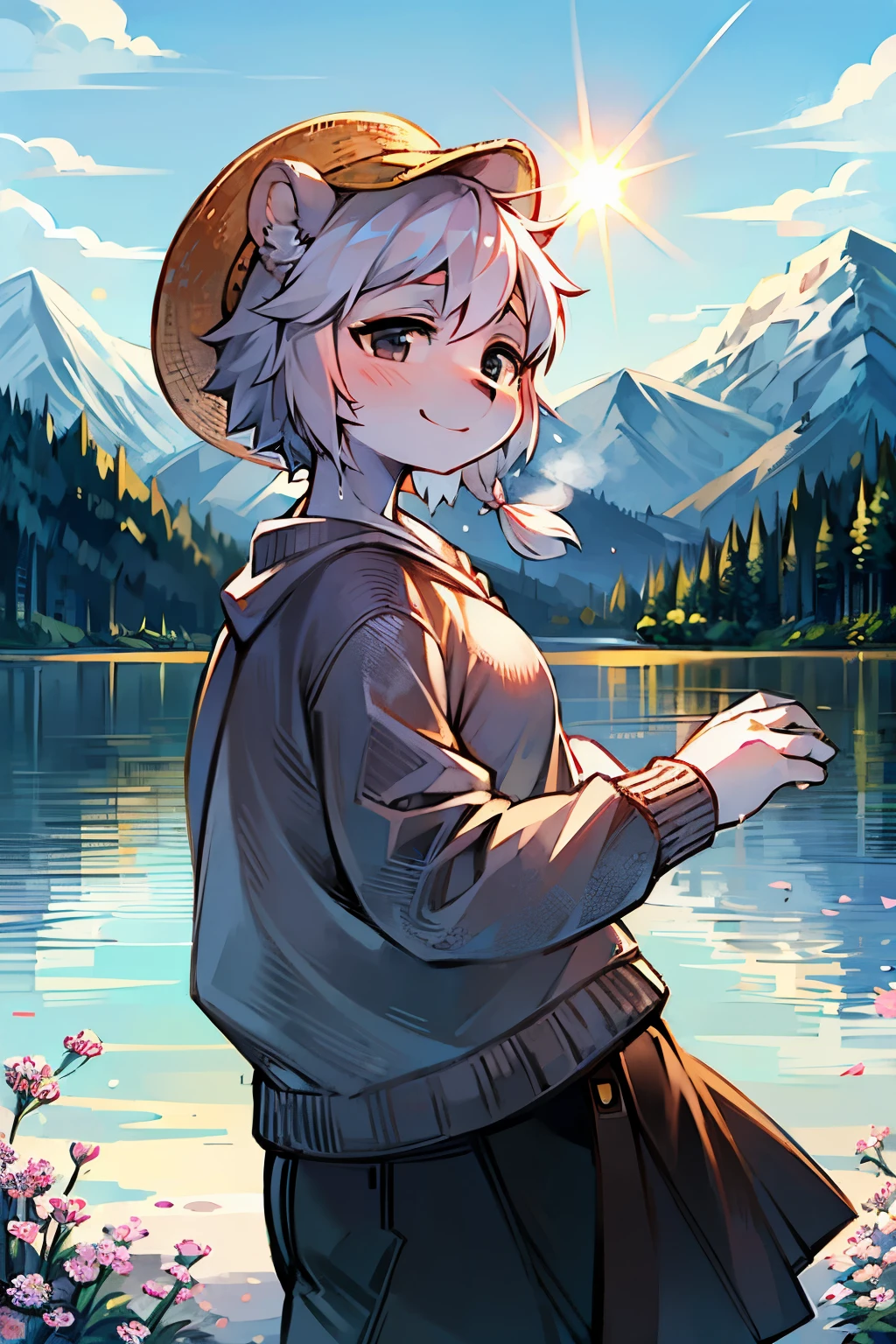 ((best quality)), ((masterpiece)), (detailed), perfect face female,A white bear kemono,Already an adult,Figures sparkle in the sun,Feeling warm like the warm sun in winter。His nose is always wet,The breath is warm and fragrant。 The character has snow-white soft hair,Big black eyes sparkle with kindness and wisdom。 Behind the figure is the sparkling lake,The lake reflects the blue sky and white clouds。Character smiles brightly,White carnations bloom on both sides of the character,A sea of flowers dances in the wind。 The figure wears a straw knitted hat。