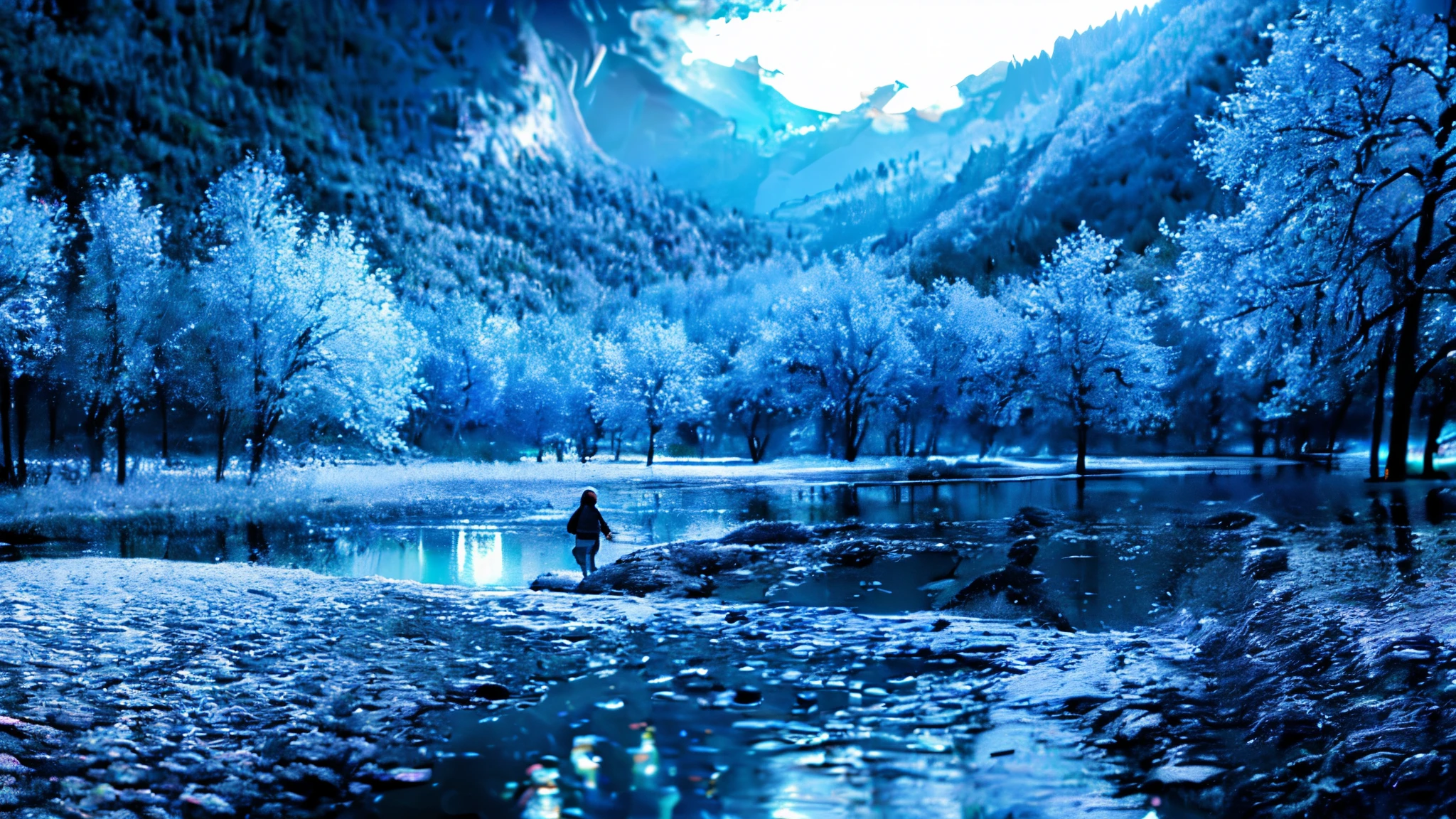 cute anime girl, white long hair, light darker skin, walking in a forest at midnight, fog on the ground, 16k, max quality, extream detailt, raytracing, masterpice, 