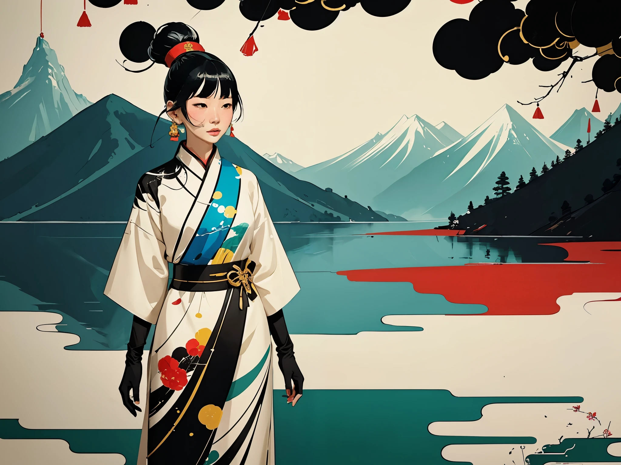 ((Wu Guanzhong's style)) is an artistic expression that combines traditional Chinese ink techniques and Western painting concepts. It is characterized by a modern interpretation of traditional themes, creating unique visual effects through color and line. A girl, winter, lakeside