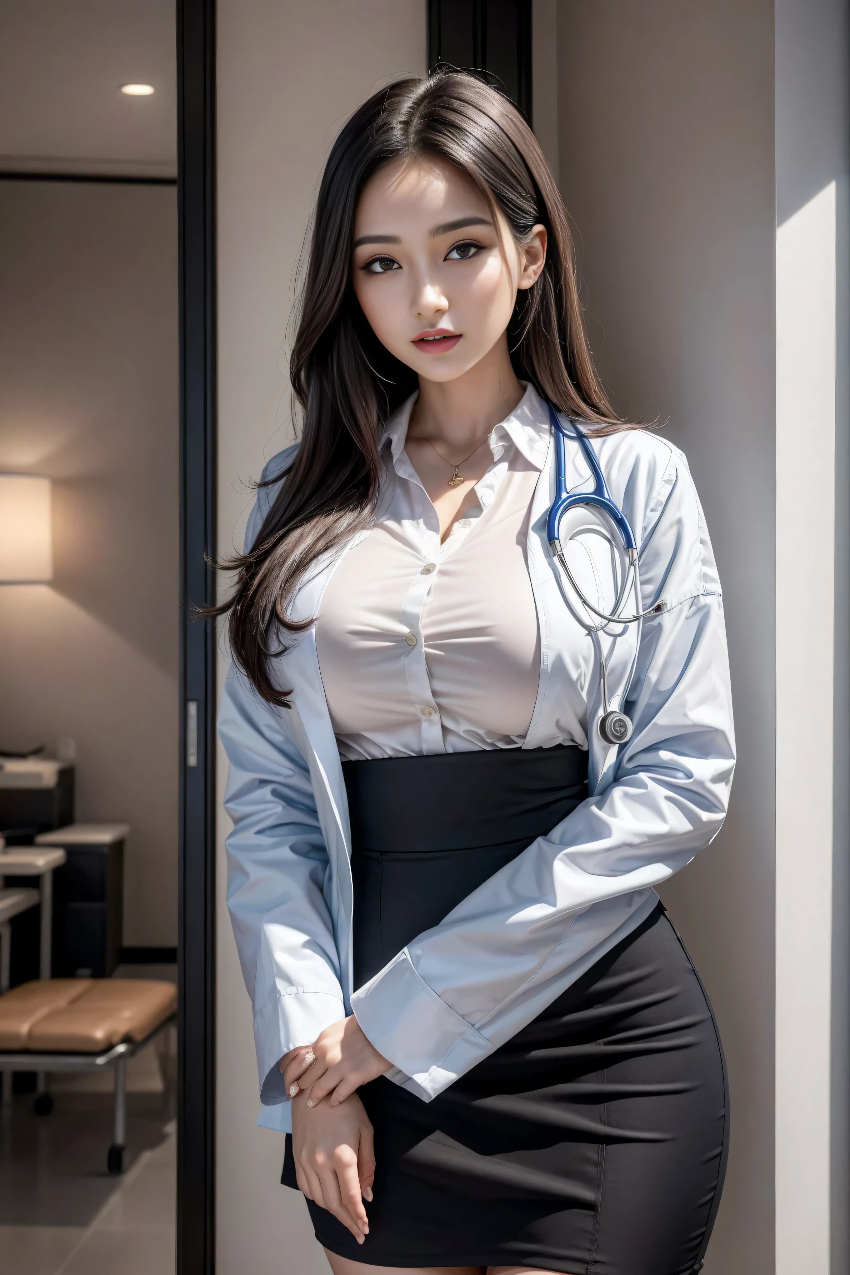 Realistic beauty doctor、Astonishingly beautiful、doctor white coat, collared shirt、(top quality、8k、32k、masterpiece、north african trade zone:1.3)、ultra high resolution,(realism:1.4),original photography, Detailed face,,beautiful hair, ((Doctor style)),,((Leg length)), (Thigh clearance:1.5), , Black slim skirt、 natural makeup,, plump big breasts、Inside the hospital, Detailed background, perfect lighting, depth of field, beautiful shadow gradient,stethoscope ,