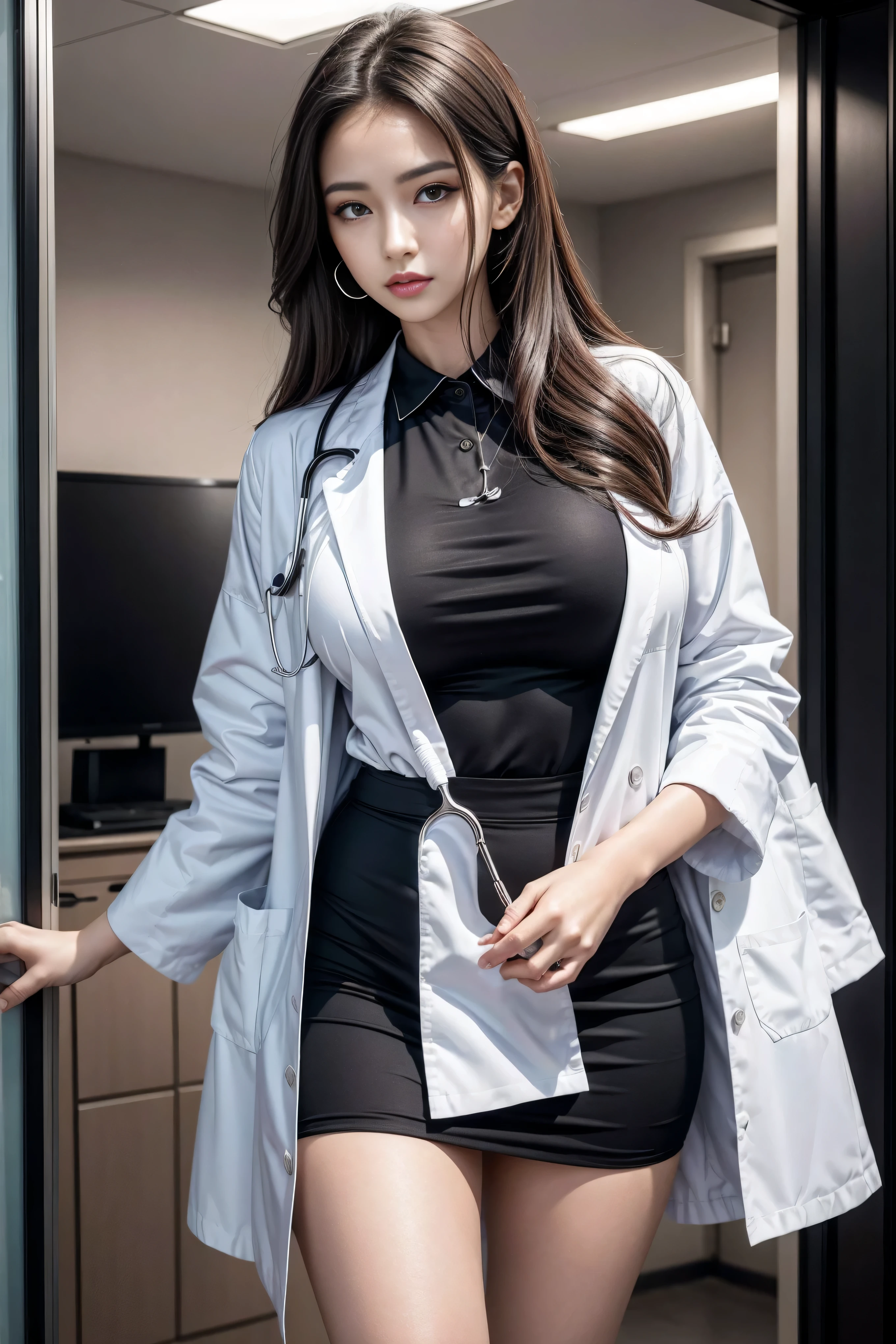 Realistic beauty doctor、Astonishingly beautiful、doctor white coat, collared shirt、(top quality、8k、32k、masterpiece、north african trade zone:1.3)、ultra high resolution,(realism:1.4),original photography, Detailed face,,beautiful hair, ((Doctor style)),,((Leg length)), (Thigh clearance:1.5), , Black slim skirt、 natural makeup,, plump big breasts、Inside the hospital, Detailed background, perfect lighting, depth of field, beautiful shadow gradient,stethoscope ,
