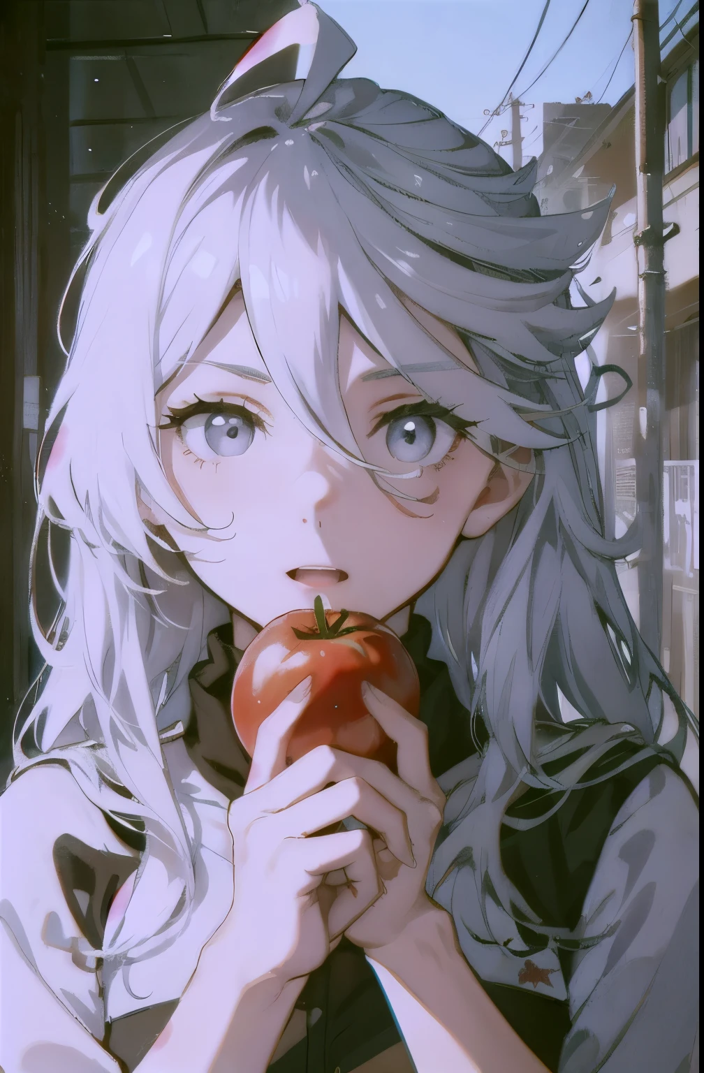 holding a tomato in his left hand、Point to the tomato with your right hand、laughing、silver hair、The background is a farm、blue sky