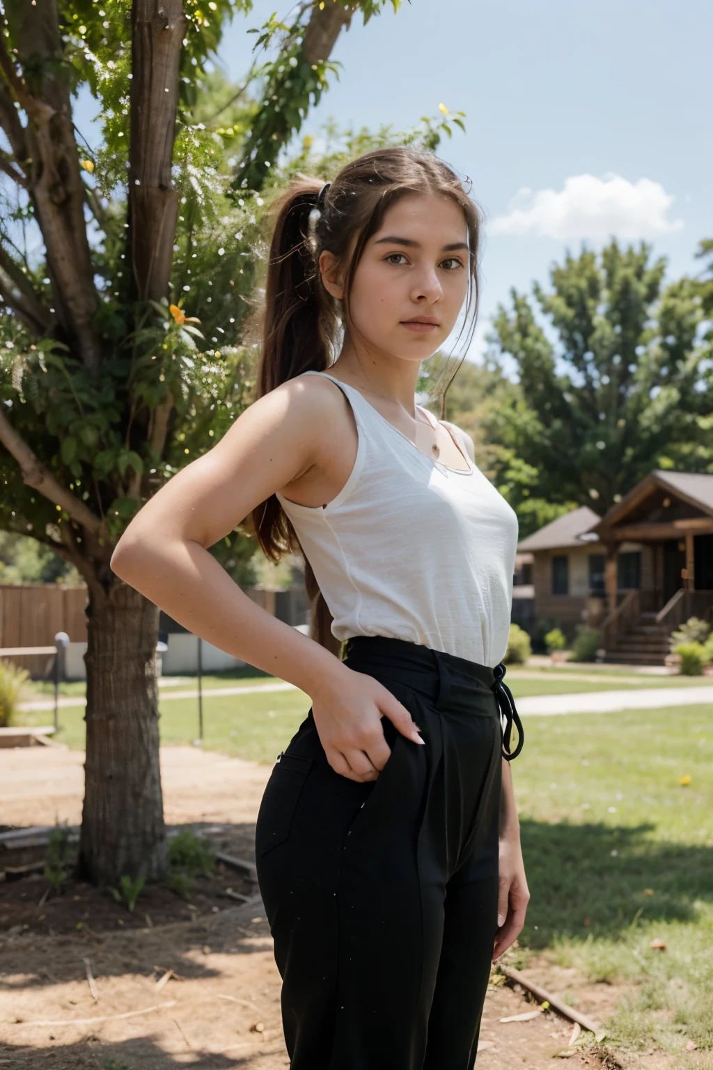 Create an image of a super realistic 13-year-old American-looking girl with brown hair and black eyes in a waist-length ponytail standing on one foot while holding the other with fingers and all in a yard. Enclosed by a wooden fence you can also see a tree and the blue sky