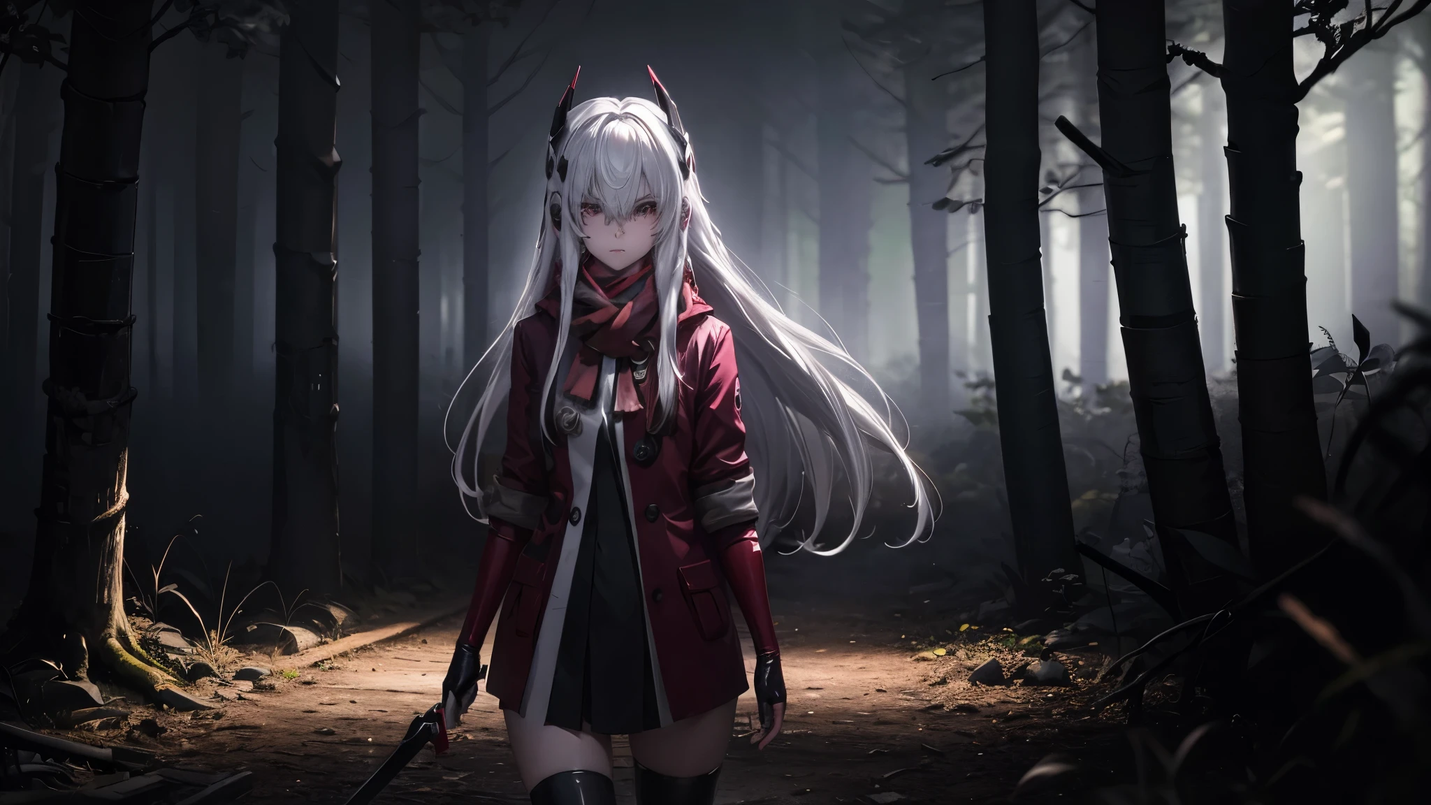 cute anime girl, white long hair, light darker skin, walking in a forest at midnight, fog on the ground, 16k, max quality, extream detailt, raytracing, masterpice, 