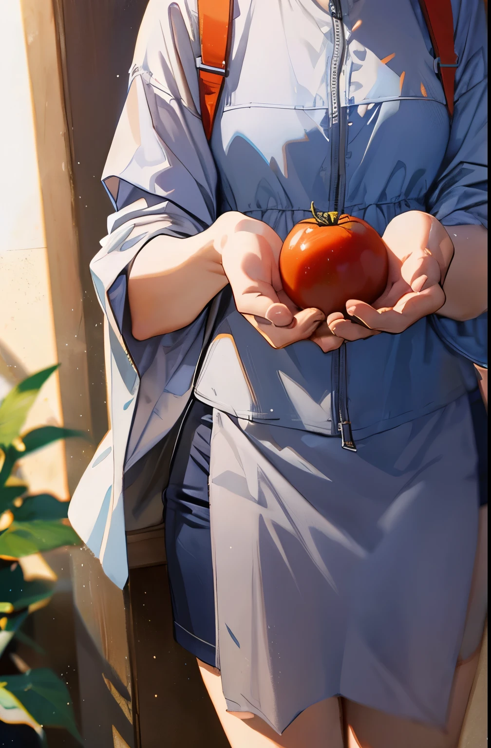 holding a tomato in his left hand、Point to the tomato with your right hand、laughing、silver hair、The background is a farm、blue sky