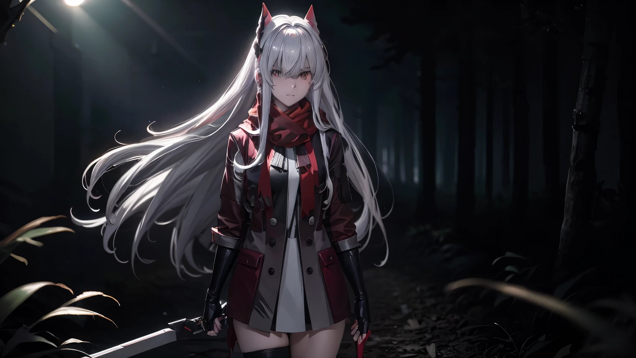 cute anime girl, white long hair, light darker skin, walking in a forest at midnight, fog on the ground, 16k, max quality, extream detailt, raytracing, masterpice, 