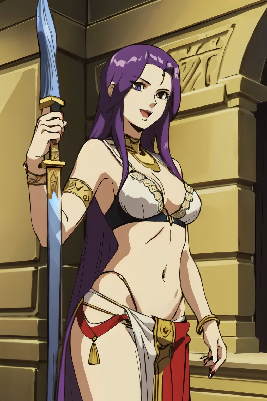 Kate,1girl,purple hair,forehead,long hair,
masterpiece, (ultra detailed background, delicate pattern, intricate detail), (highly detailed, fine details),
best quality, beautiful lighting,cleavage, jewelry, smile, open mouth, (nsfw) not safe for work, armlet,
long hair, lips, navel, bracelet, medium breasts, makeup, circlet, nailpolish, (loincloth, white loincloth,
pelvic curtain), complex detailed background, inside, stone wall, ancient interior, ancient egyptian room,
hieroglyphs, dark lighting, dark atmosphere, (cowboy shot), holding a sword, sword