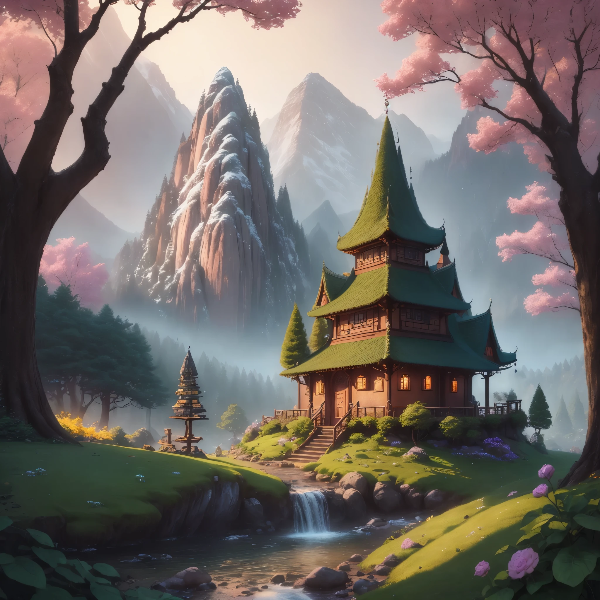 An elven village built in large trees on the side of a sacred mountain, (best quality,4k,8k,highres,masterpiece:1.2), ultra-detailed, realistic:1.37, HDR, UHD, studio lighting, extreme detail description, professional, vivid colors, bokeh, portraits, landscape, (Art style of: Wu Guanzhong), vibrant and dynamic colors, soft lighting.