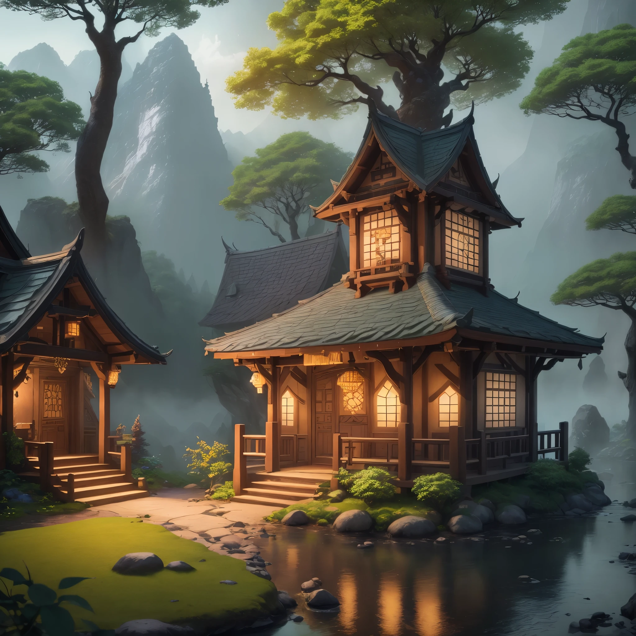 An elven village built in large trees on the side of a sacred mountain, (best quality,4k,8k,highres,masterpiece:1.2), ultra-detailed, realistic:1.37, HDR, UHD, studio lighting, extreme detail description, professional, vivid colors, bokeh, portraits, landscape, (Art style of: Wu Guanzhong), vibrant and dynamic colors, soft lighting.