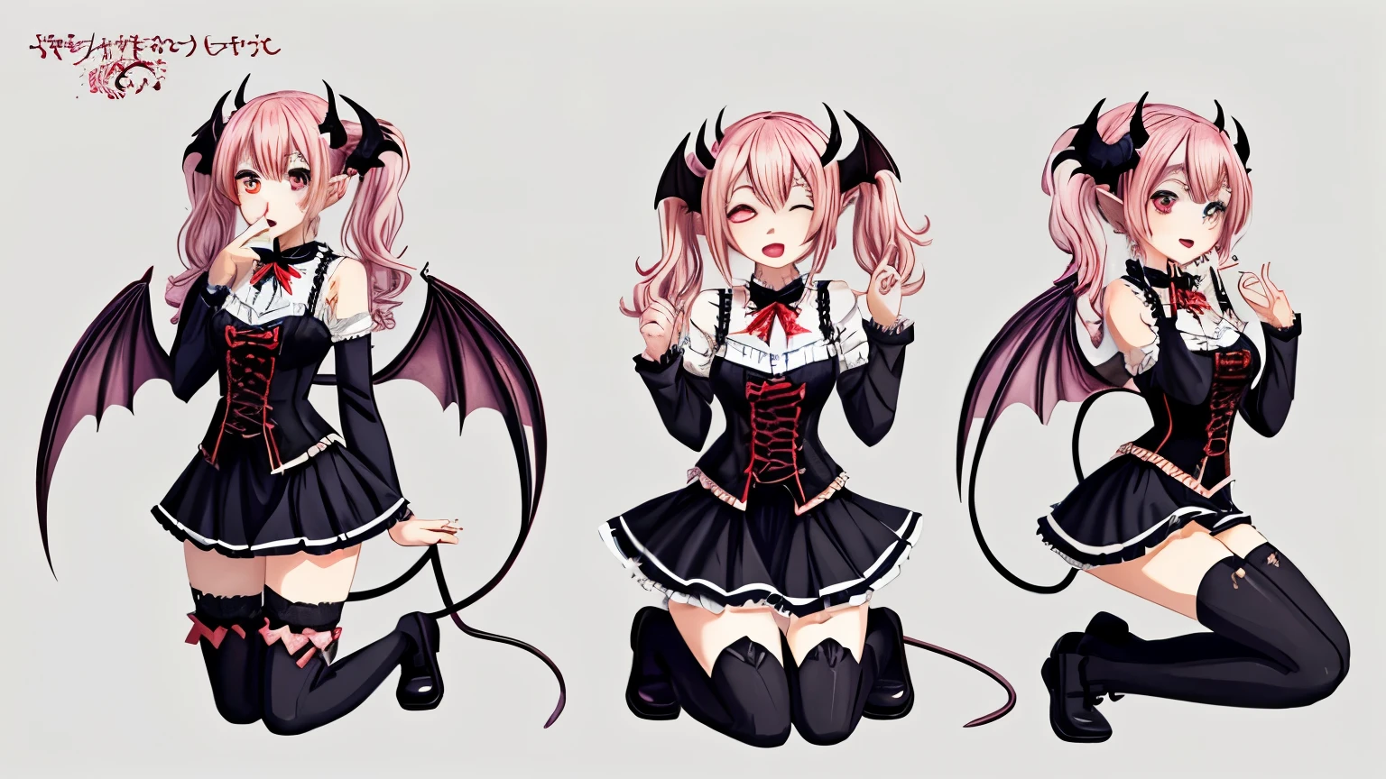 Pink hair. Pigtails. Red Gothic Frilly Corset Tops. Black miniskirt Earring. Devil's wings. Fallen angel. Yami Ochi. Evil chi. Devil. Universe. Bed. Bedroom. Moon. Heart-shaped vacant chest. Collar with a ribbon attached with oval ruby. Blush. The devil's tail. Open mouth. Stick out your tongue. Sweat. Drool. Lick your fingers. Put your finger in your mouth. Get on your knees. Kneeling. Cover your eyes with a cloth: fang, heterochromia with blue snake-liked iris on the right, and red on the left. a drawing of a girl with horns and a demon costume, demon anime girl, full body adoptable, succubuedieval, beautiful succubus, anime full body illustration, gothic maiden anime girl, pretty anime character design, shadowverse style, anime character design, character adoptable, anime monster girl, anime character art, anime character; full body art, astral witch clothes