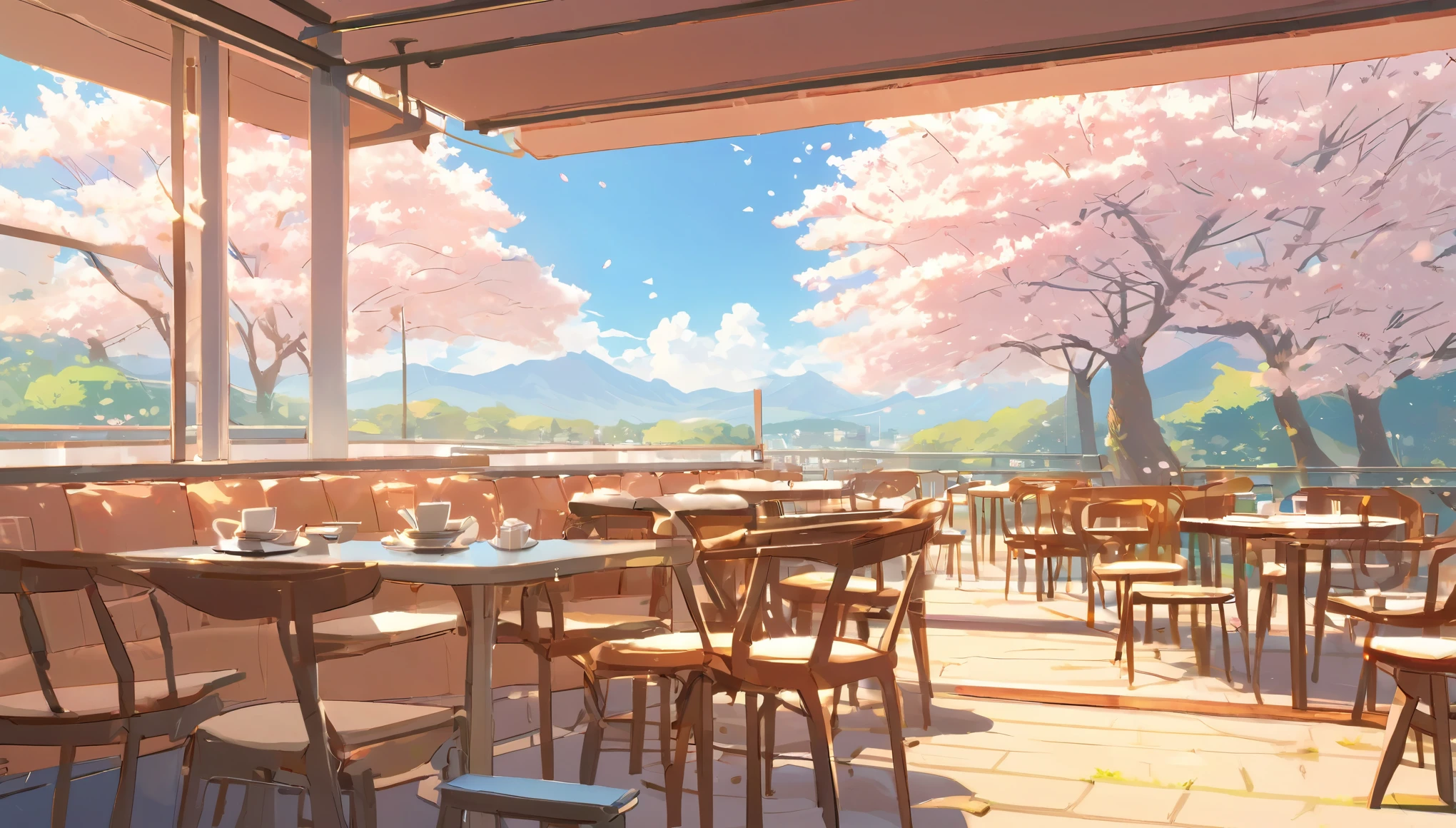 (((Terrace seats at a stylish cafe))), (((white and light blue interior))), (((fluffy cushions and sofa))), ((no one is there)), ((table) Laptop on top, breakfast)), ((Beautiful morning sun through the computer)), (You can see the cherry blossom trees and park in front of you.), Beautiful anime scene, anime background art, anime scenery concept art, Shinkai Makoto style, Studio Glibri Makoto Shinkai, Studio Ghibli smooth concept art, Japanese art style, anime scenery, traditional Japanese concept art, beautiful anime scenery, natural atmosphere. It has a bright, natural atmosphere and is very relaxing. chill, cozy,