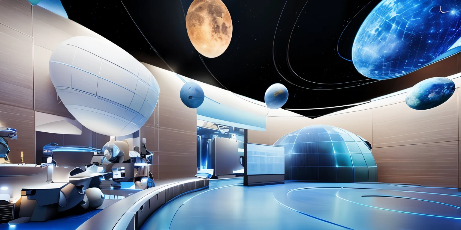 futurespace航展厅，Cool colors，Interior space，The lights are dim，仿佛置身space，high tech，reflection，Mars、Earth、saturn、Jupiter、The moon is suspended in mid-air，solar system planet orbits，屋顶模拟无限的space背景，镜面reflection，space，lunar probe，模拟Mars表面的地面，high tech，future，cyberpunk，holographic，互动high tech界面，LED，full of science fiction，High precision，Rich in details。Exhibition design，reality，Reference design of Shanghai Pudong Planetarium，