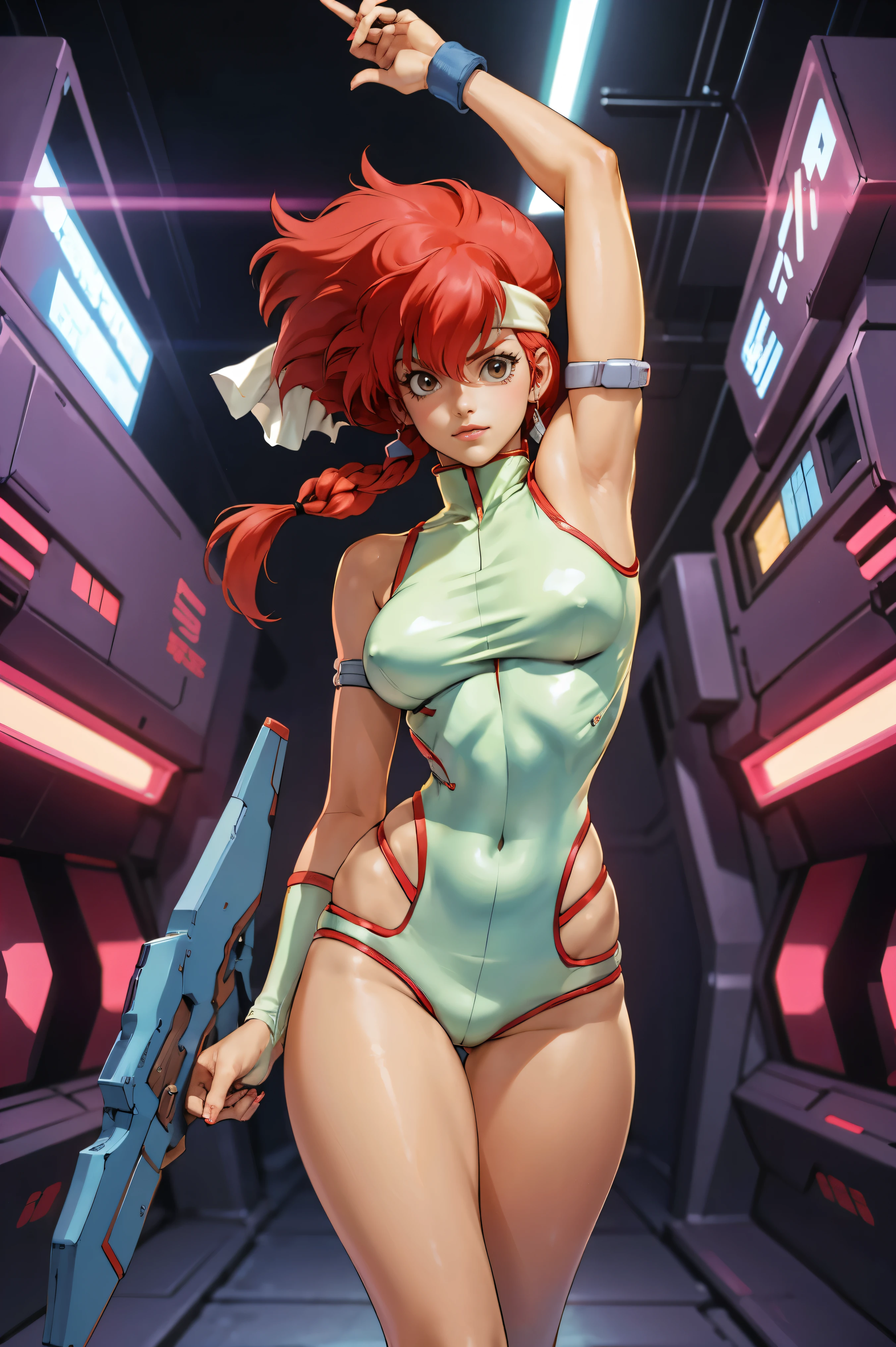 Kei from The Dirty Pair, , wearing a tight outfit, frame, legs, medium breast, red hair beauty, cyberpunk city background, holding retro space-gun, headband, slim waist, slim thighs, thigh gap