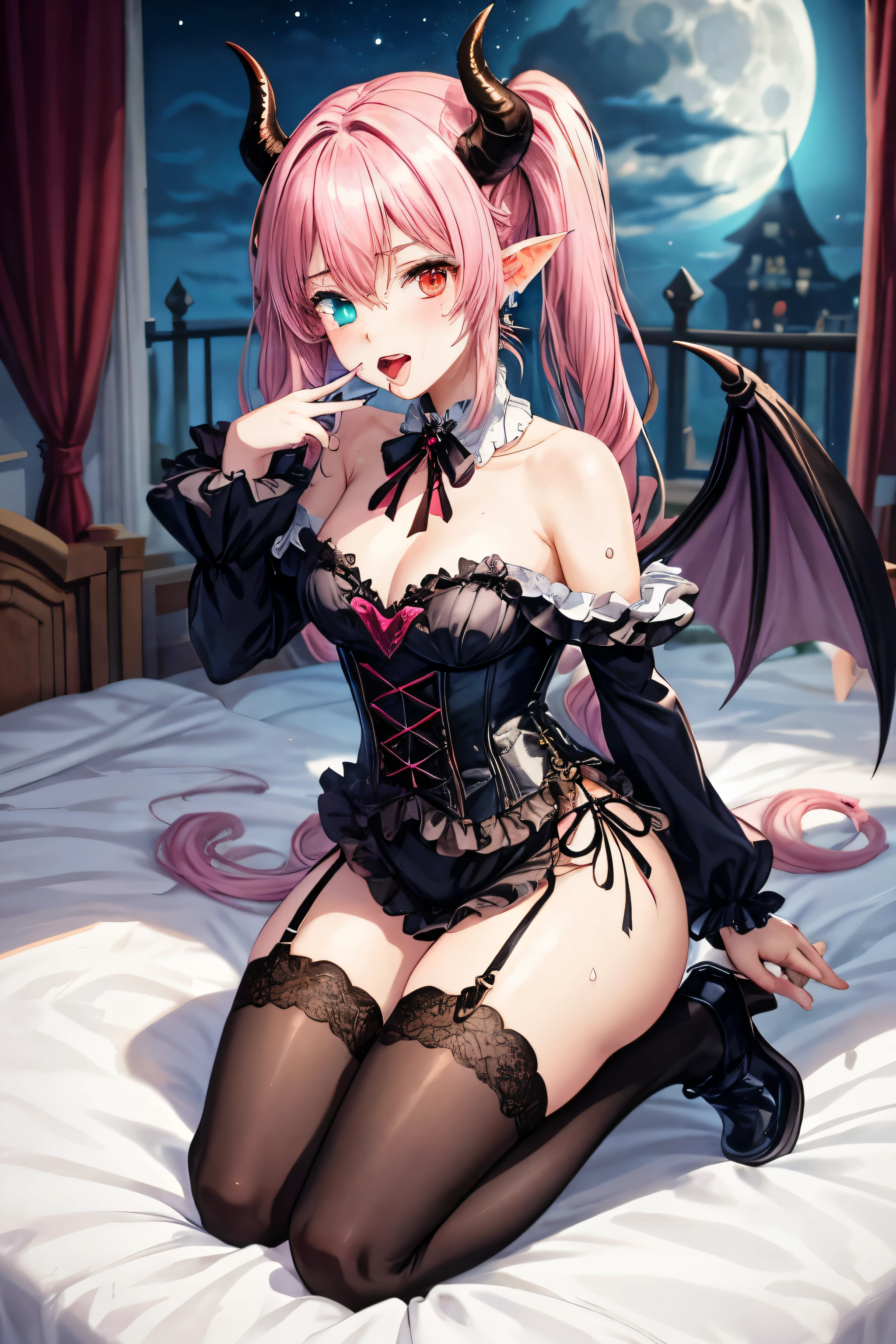 Pink hair. Pigtails. Red Gothic Frilly Corset Tops. Earring. Devil's wings. Fallen angel. Yami Ochi. Evil chi. Devil. Universe. Bed. Bedroom. Moon. Heart-shaped vacant chest. Collar with a ribbon attached with oval ruby. Blush. The devil's tail. Open mouth. Stick out your tongue. Sweat. Drool. Lick your fingers. Put your finger in your mouth. Get on your knees. Kneeling. Cover your eyes with a cloth: fang, heterochromia with blue snake-liked iris on the right, and red on the left. a drawing of a girl with horns and a demon costume, demon anime girl, full body adoptable, succubuedieval, beautiful succubus, anime full body illustration, gothic maiden anime girl, pretty anime character design, shadowverse style, anime character design, character adoptable, anime monster girl, anime character art, anime character; full body art, astral witch clothes